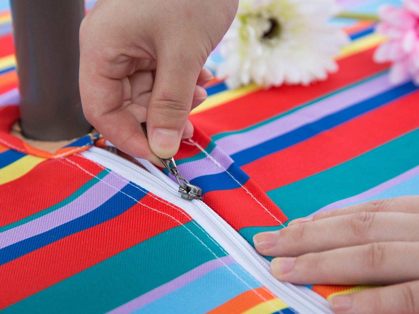 Waterproof Rainbow Mexican Outdoor Tablecloth with Umbrella Hole - 52x70 Inch Rectangle Picnic Table Cover for Spring Parties, Patio Dining & Camping - Color Stripe Design (Zipper Closure)