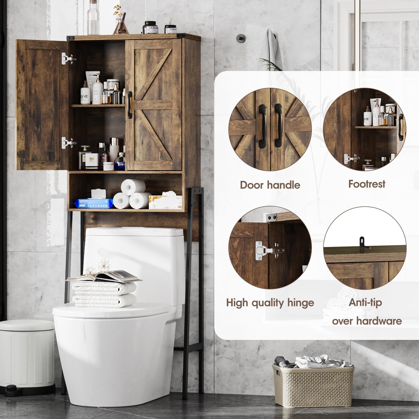 2-Door Over The Toilet Storage Cabinet with Shelves - Bathroom Organizer with Anti-Tip Device for Bathroom, Restroom & Laundry - Brown - Perfect for Small Space Organization and Extra Storage