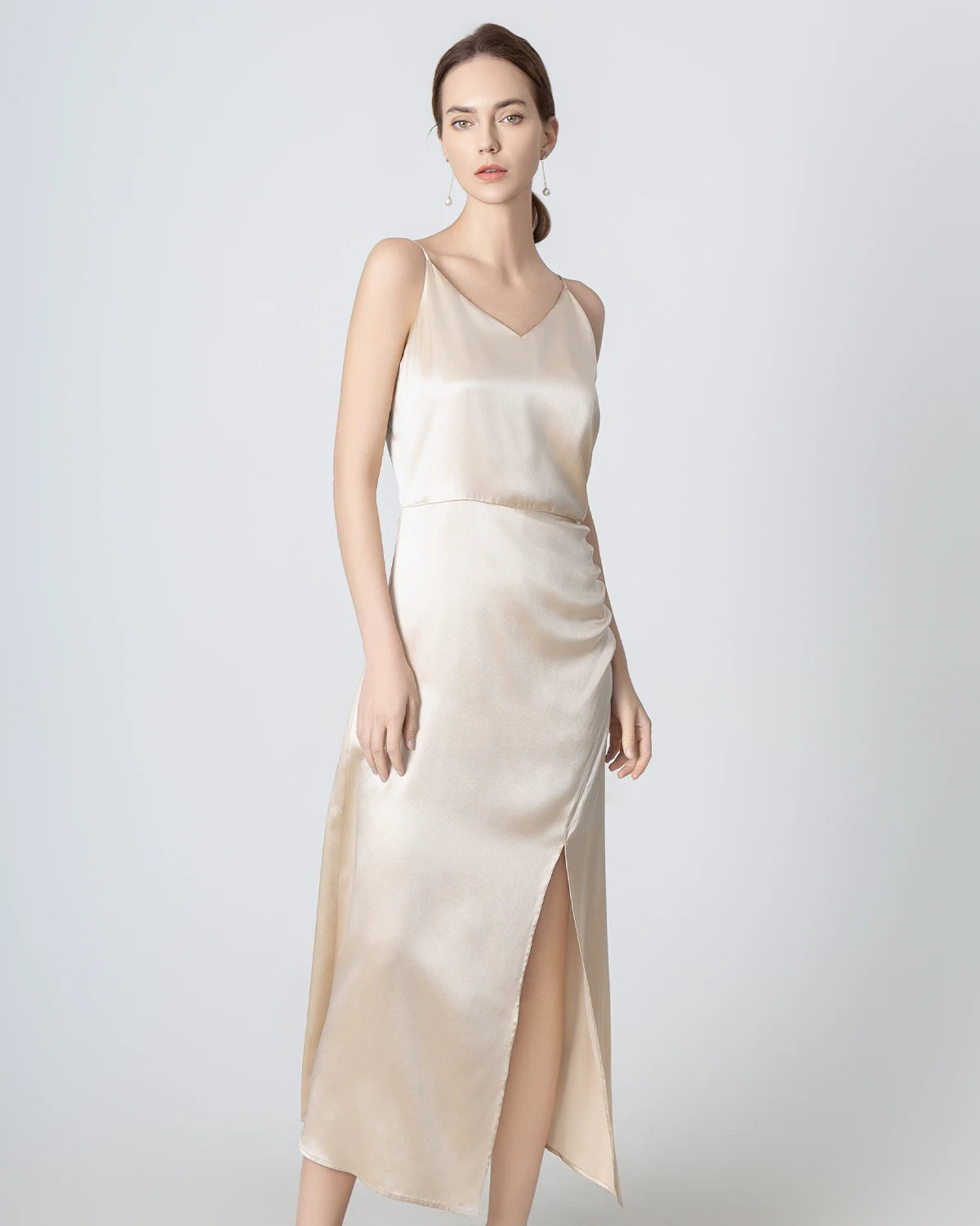 Elegant V-Neck Pleated Slit Maxi Silk Dress for Women - Perfect for Weddings, Parties & Evening Events