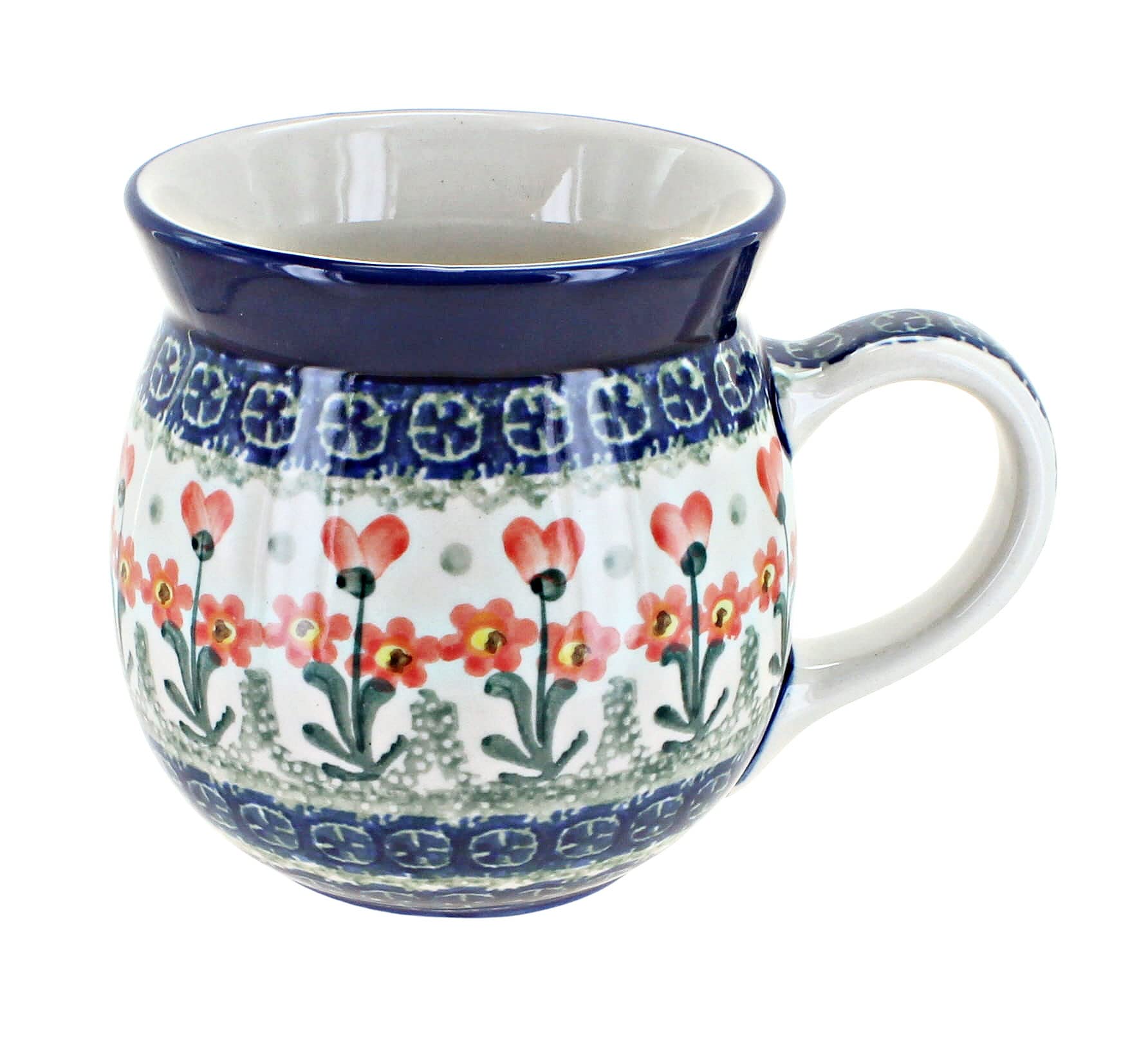 Handmade Blue Rose Polish Pottery Peach Posy Bubble Mug - Vintage Ceramic Coffee Tea Cup for Home Office Gift