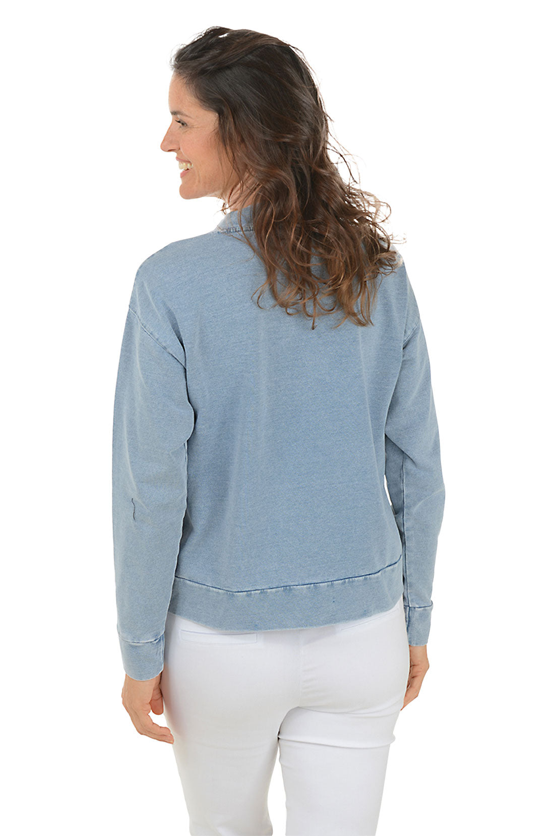 Stylish Denim French Terry V-Neck Sweatshirt for Women | Comfortable Casual Pullover | Perfect for Layering, Weekend Outfits & Relaxing at Home