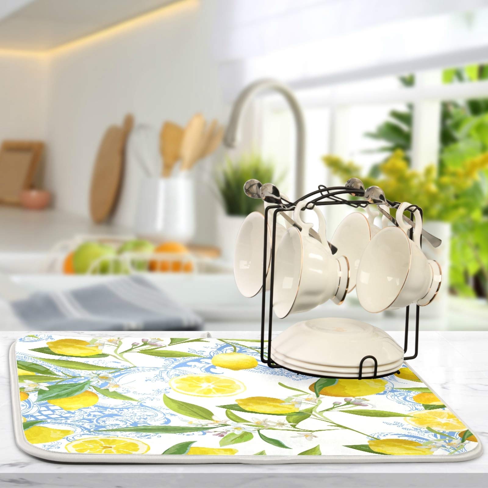 ALAZA Baroque Yellow Lemon Print Dish Drying Mat - Super Absorbent Microfiber Kitchen Countertop Pad (16x18 Inch) - Perfect for Drying Dishes, Fruits & Protecting Countertops