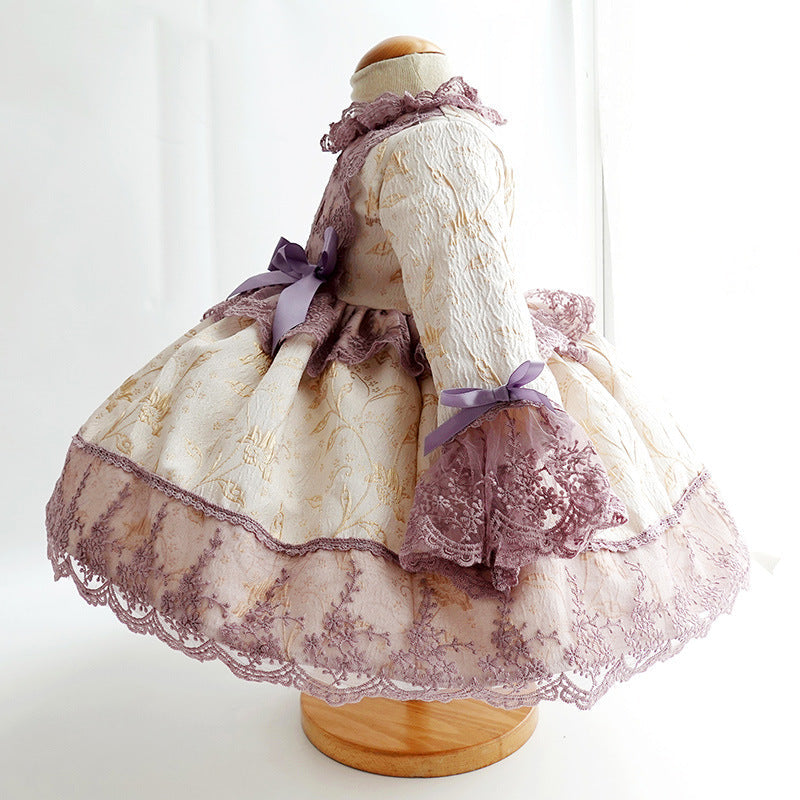 Lilac Lace Princess Flower Girl Dress with Mock Neck & Long Sleeves - Elegant Formal Wear for Weddings, Baptisms & Special Occasions