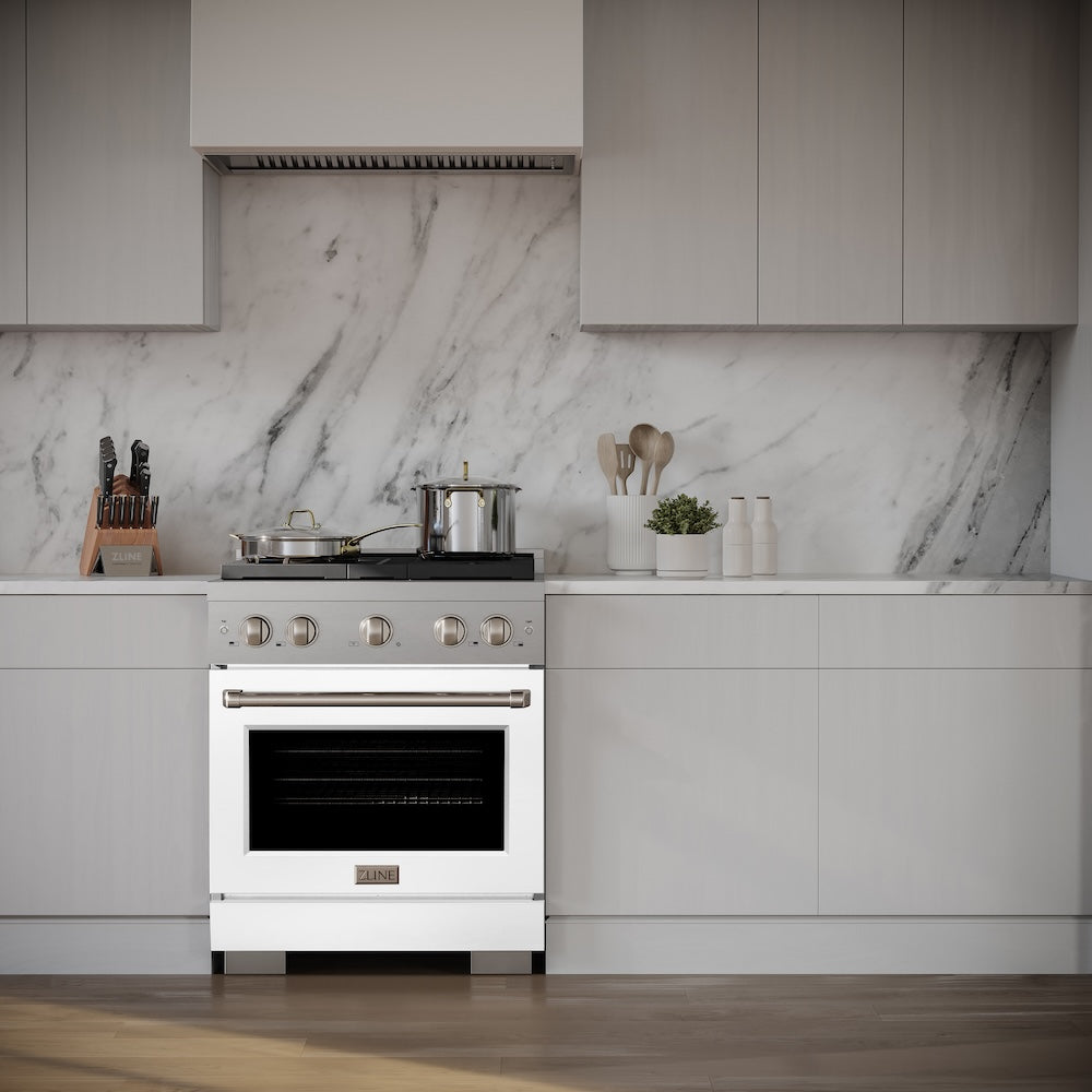ZLINE 30-inch 4.2 cu. ft. Stainless Steel Gas Range with 4 Burner Cooktop & Convection Oven - White Matte Door (SGR WM 30) - Perfect for Modern Kitchens, Home Chefs & Professional Cooking