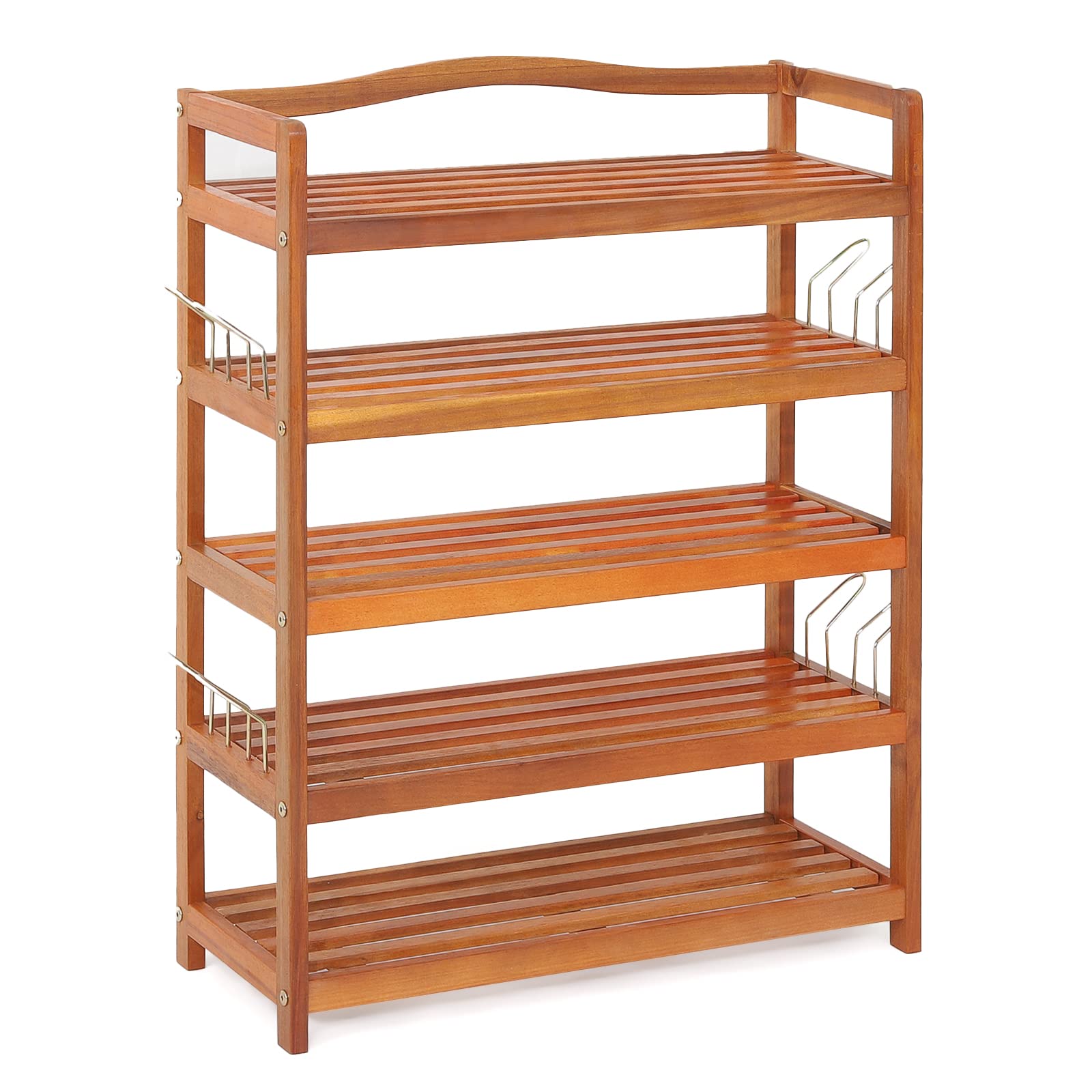 Giantex 5-Tier Acacia Wood Shoe Rack with Metal Hooks - Holds 12-18 Pairs of Shoes - Sturdy Shoe Organizer & Storage Shelf for Entryway, Hallway or Closet (25