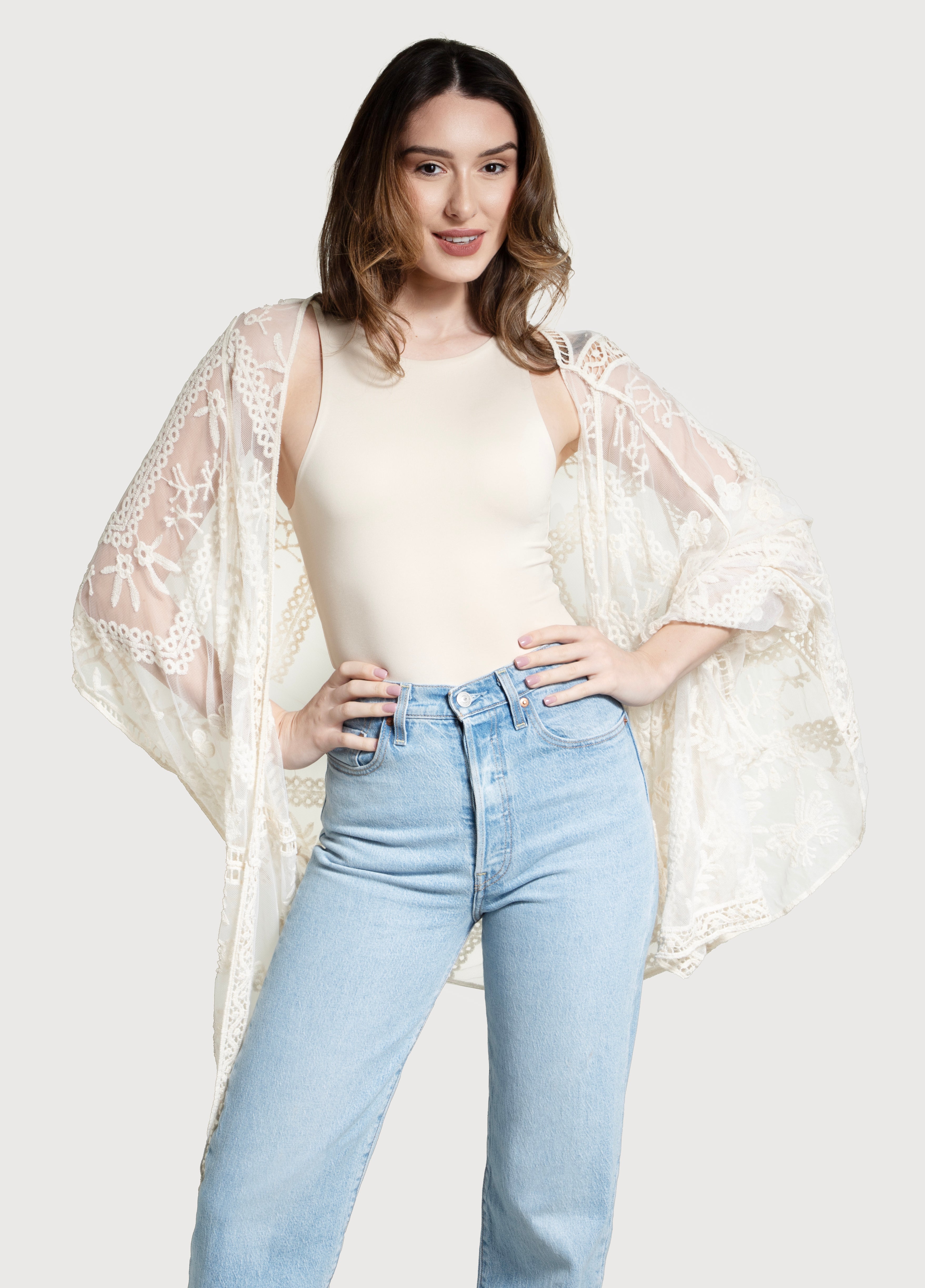 Elegant Sheer Lace Floral Kimono Robe - Lightweight Cover Up for Women, Beach Wedding Bridal Party, Boho Chic Loungewear