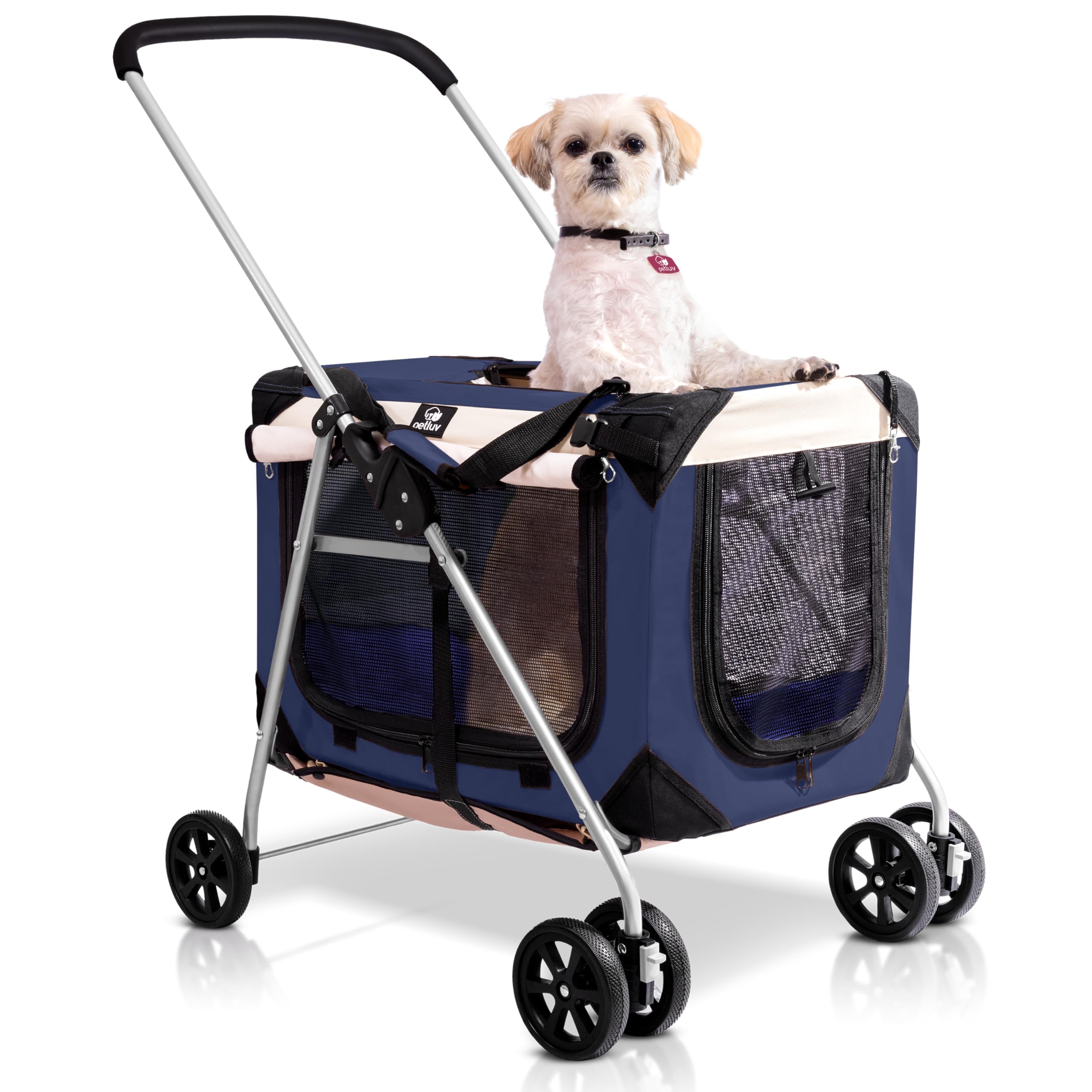 Premium Pet Stroller for 2 Cats or Small to Medium Dogs (10-45 lbs) - Lightweight, Foldable & Breathable Navy Blue Design - Perfect for Park Walks, Vet Visits & Shopping Trips