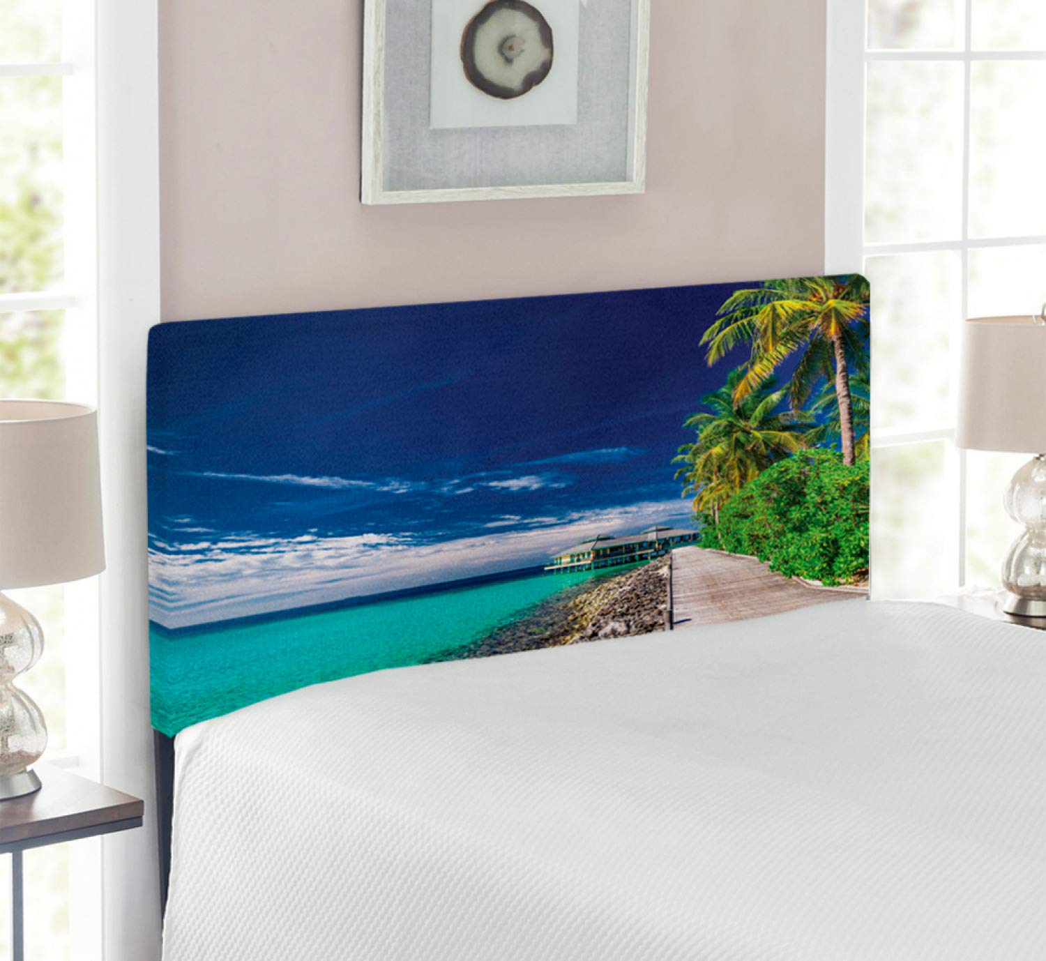 Ambesonne Ocean Themed Upholstered Headboard - Wooden Boardwalk Beach Palm Trees Hawaiian Paradise Scene, Decorative Metal Bed Headboard with Memory Foam, Twin Size, Turquoise Green - Perfect for Coastal & Tropical Bedroom Decor