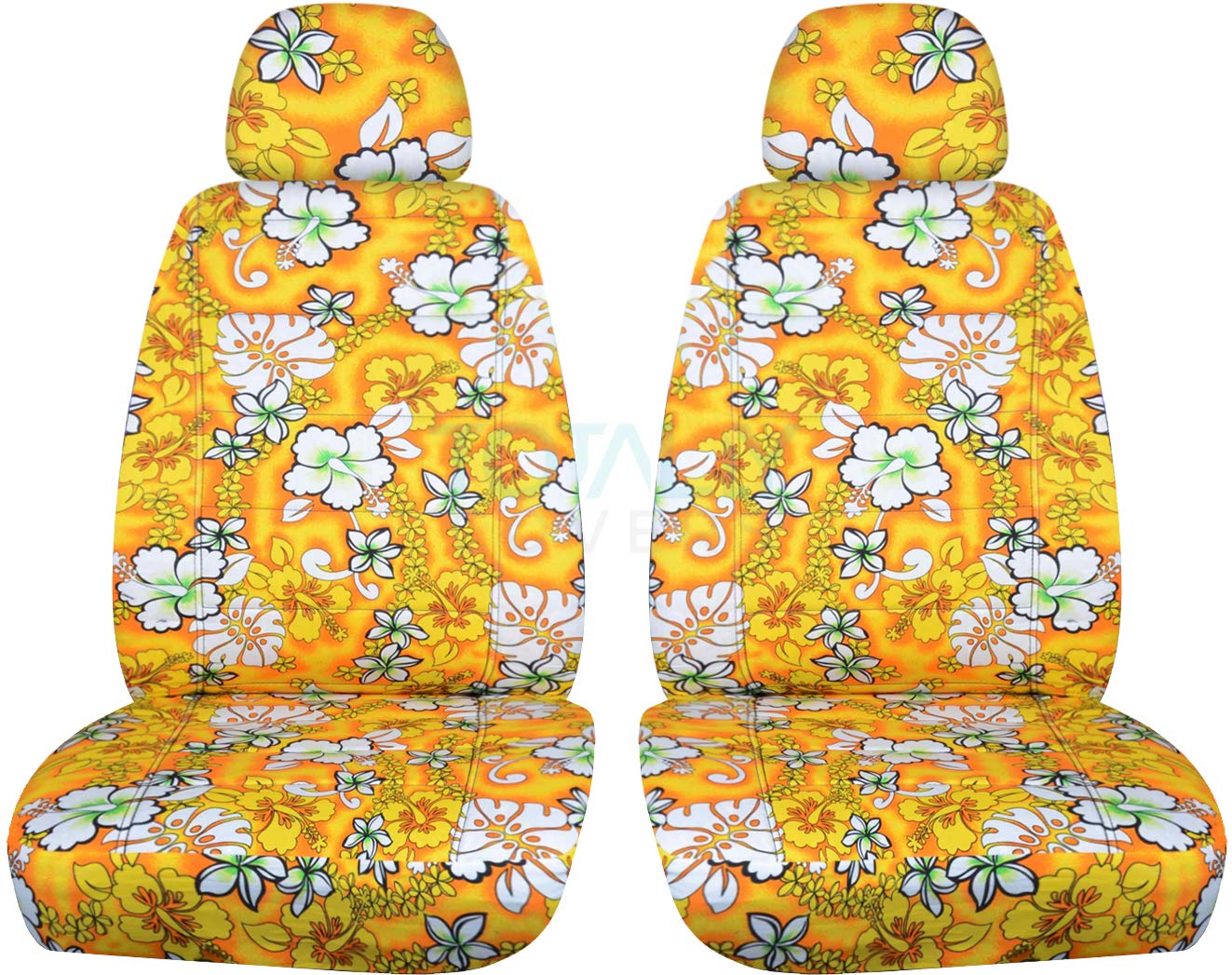 Hawaiian Floral Print Car Seat Covers with 2 Headrest Covers - Yellow Flower Design - Universal Fit for Cars, Trucks, Vans, RVs & SUVs - Semi-Custom Front Seat Protection - Perfect for Beach Trips, Summer Road Trips & Tropical-Themed Vehicles (6 Patterns)