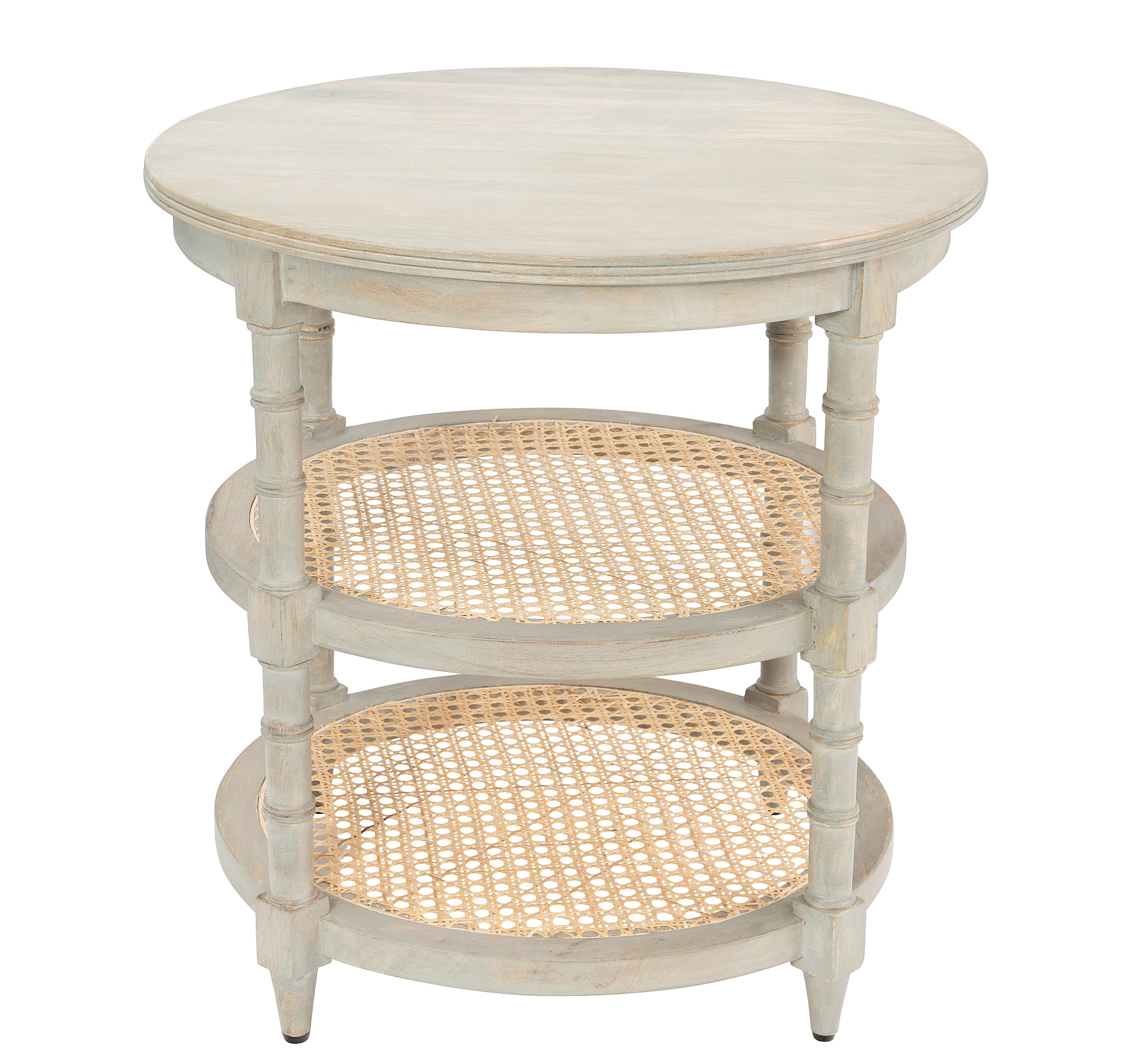 Creative Co-Op Round Solid Wood End Table with 2 Woven Cane Shelves - Grey Washed Finish - Rustic Side Table for Living Room, Bedroom or Patio Decor