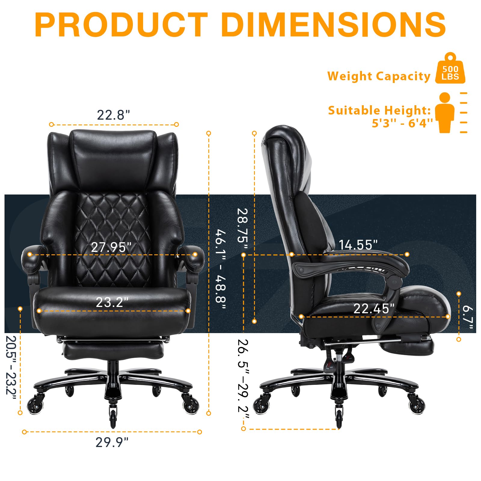 Big and Tall Office Chair for Heavy People - Heavy Duty Executive High Back Reclining Wide Seat Ergonomic Desk Chair with Footrest - Perfect for Home Office, Gaming & Computer Workstations (Black)