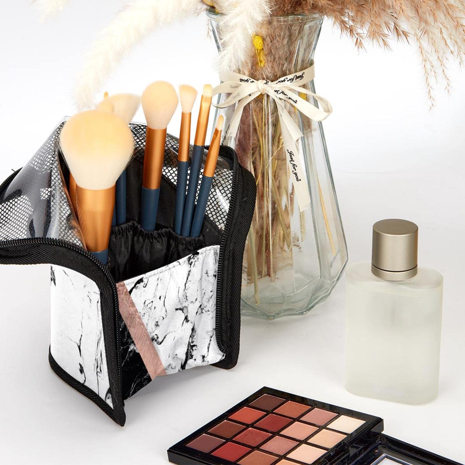 12-Piece Makeup Brush Organizer Bag Set - Black, White & Rose Gold Marble Design | Portable Cosmetic Brush Holder Case for Travel & Home Storage | Perfect for Makeup Artists & Beauty Enthusiasts