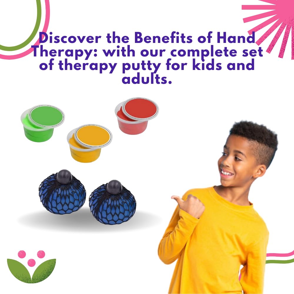 Therapy Putty for Hand Exercise - 3 Pack Non-Toxic Squeezable Stress Relief Putty (Soft/Medium/Firm) + 2 Sensory Fidget Balls - Occupational Therapy Tools for Adults & Kids - Perfect for Anxiety Relief, Rehabilitation, and Special Needs Sensory Play