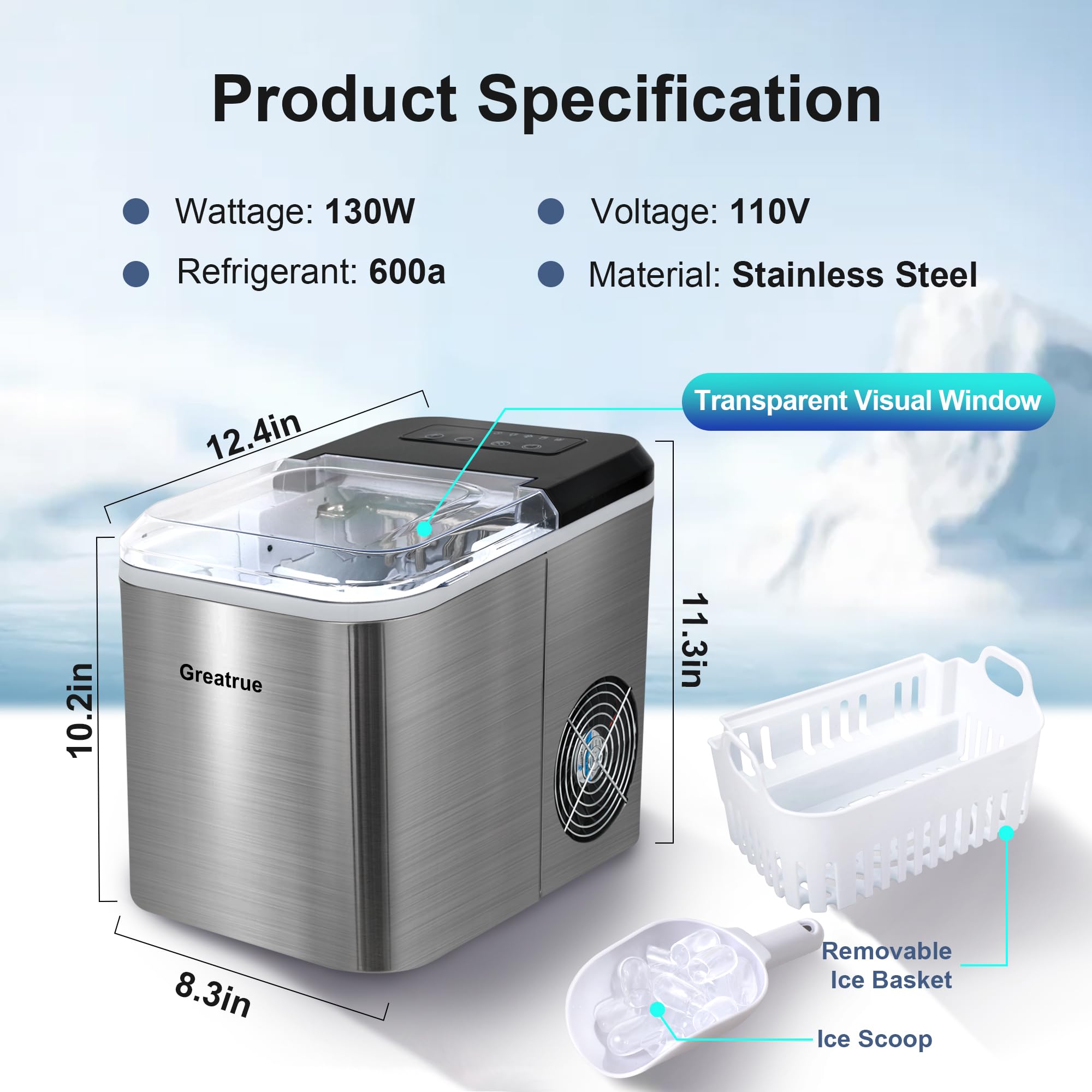 Portable Countertop Ice Maker Machine - 9 Ice Cubes in 6 Minutes, 33 Lbs Daily Output, 2 Size Options, Self-Cleaning & Ultra Quiet - Perfect for Home, Office, Kitchen, RV, Camping & Outdoor Parties (Stainless Steel)