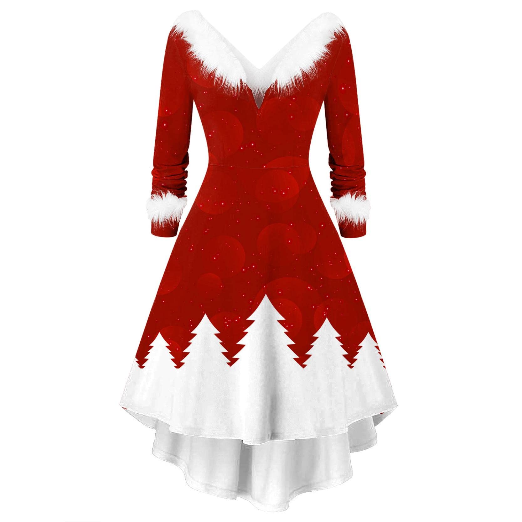 Festive Women's Christmas Party Dress - Faux Plush Long Sleeve V-Neck Asymmetrical Holiday Outfit for Xmas Gatherings, Family Dinners & Winter Celebrations