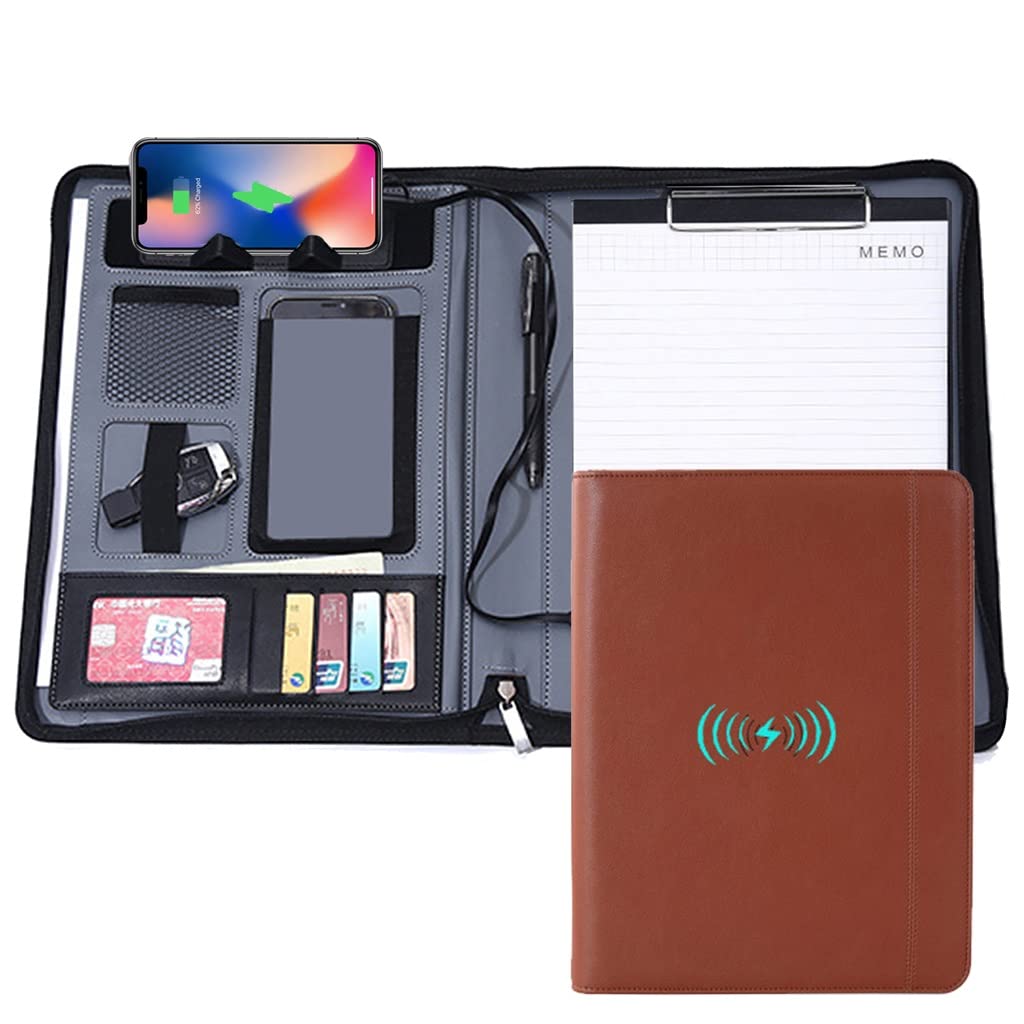 Premium A4 PU Leather Portfolio Folder with Wireless Charging - Multifunctional Business Organizer for Notebook, Calculator & Documents | Perfect for Office Professionals, Meetings & Business Travel (Black/Brown)