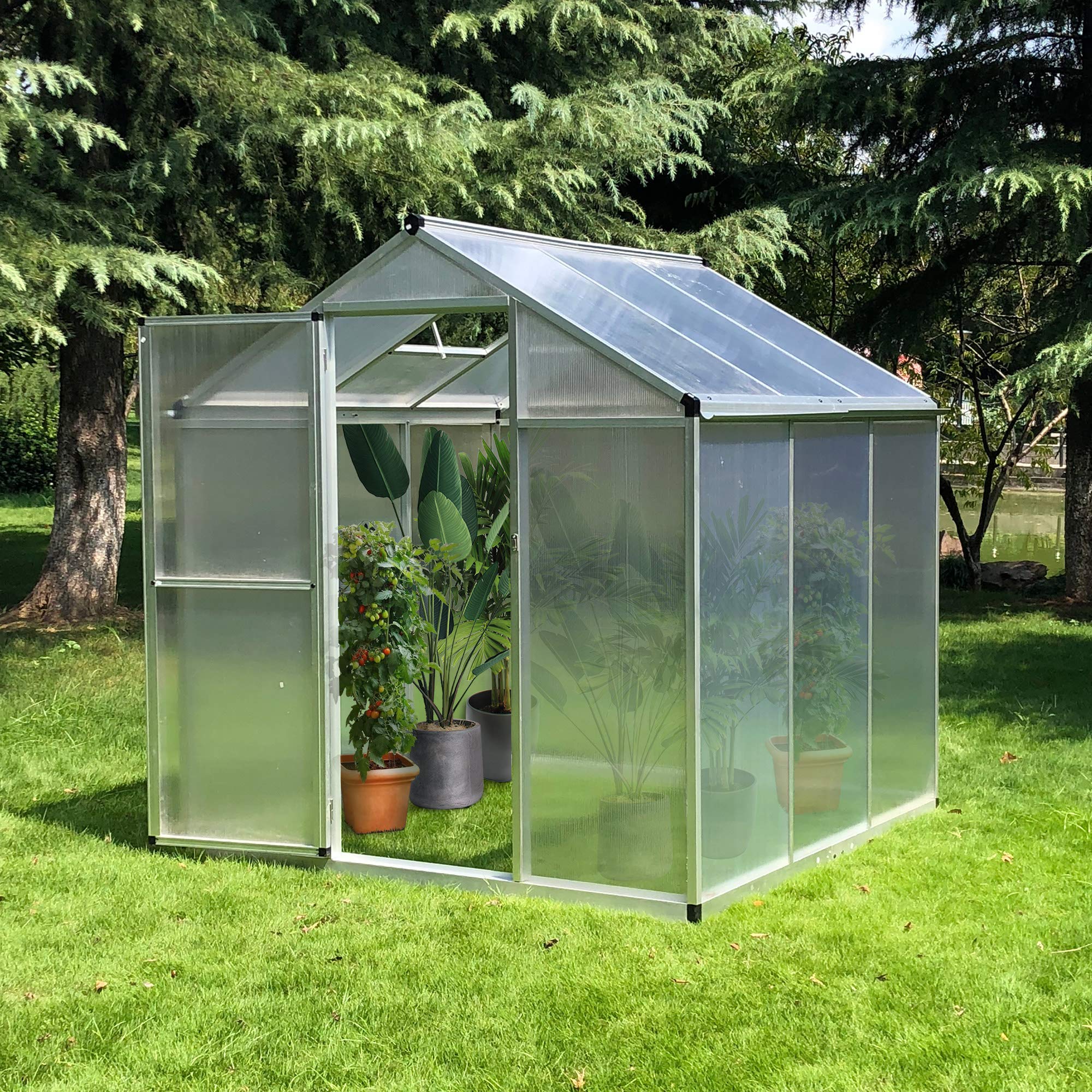 Outsunny 6x6 FT Polycarbonate Greenhouse with Rain Gutter & Roof Vent - Aluminum Walk-in Garden Greenhouse for Outdoor Patio, Backyard, Balcony - Perfect for Growing Vegetables, Herbs & Flowers Year-Round