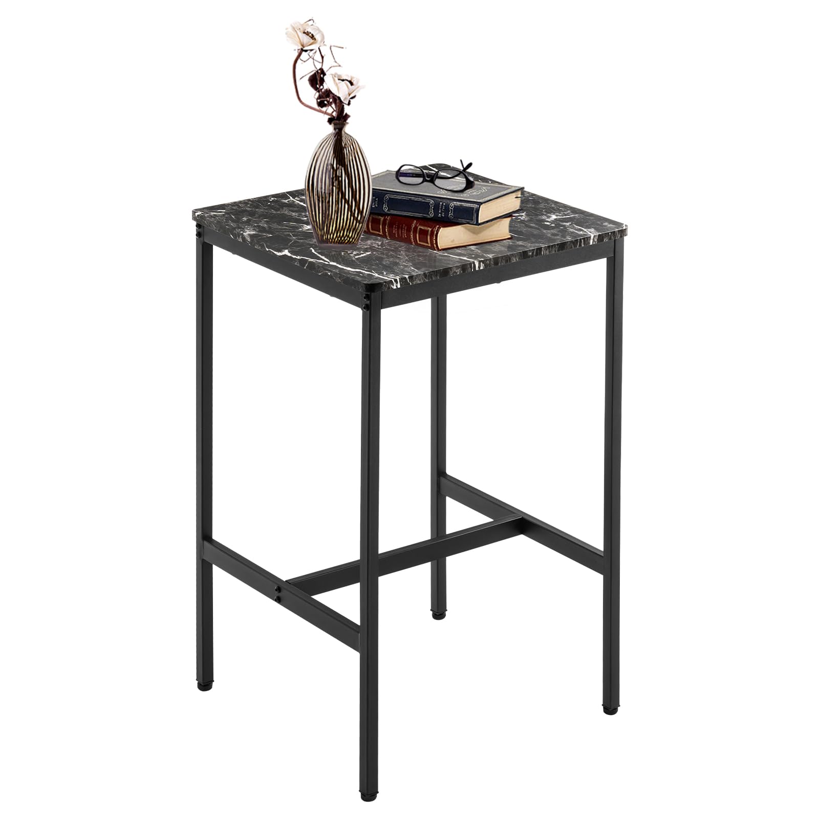 Square Bar Table - Small Kitchen Dining & Cocktail Table with Sturdy Metal Frame, High Top Pub Table for Parties, Space-Saving Narrow Design for Living Room, Kitchen, Bar - Marble Black Finish for Home & Office Use