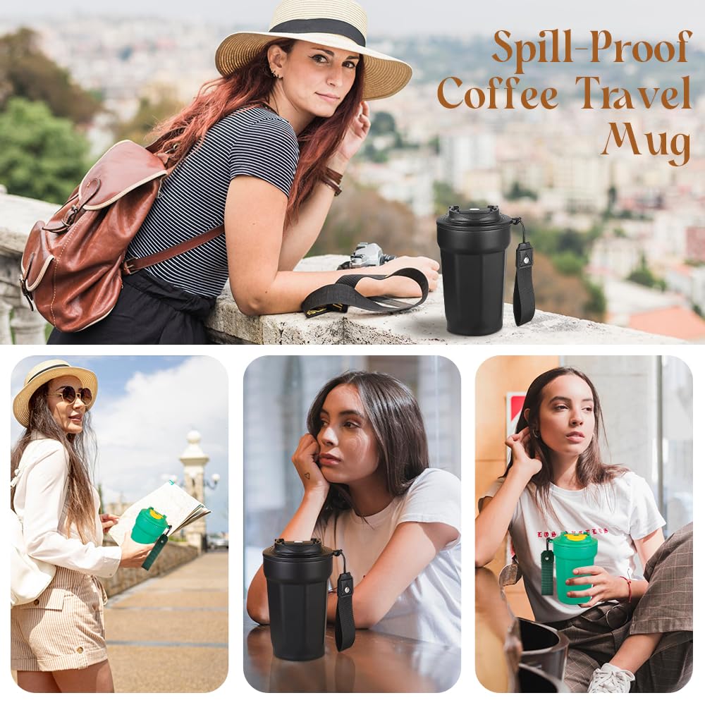 **Spill-Proof 15 oz Insulated Coffee Travel Mug with Lid - Leak-Proof Reusable Thermos for Hot & Cold Drinks - Perfect for Commuting, Office, Hiking & Travel - Black**