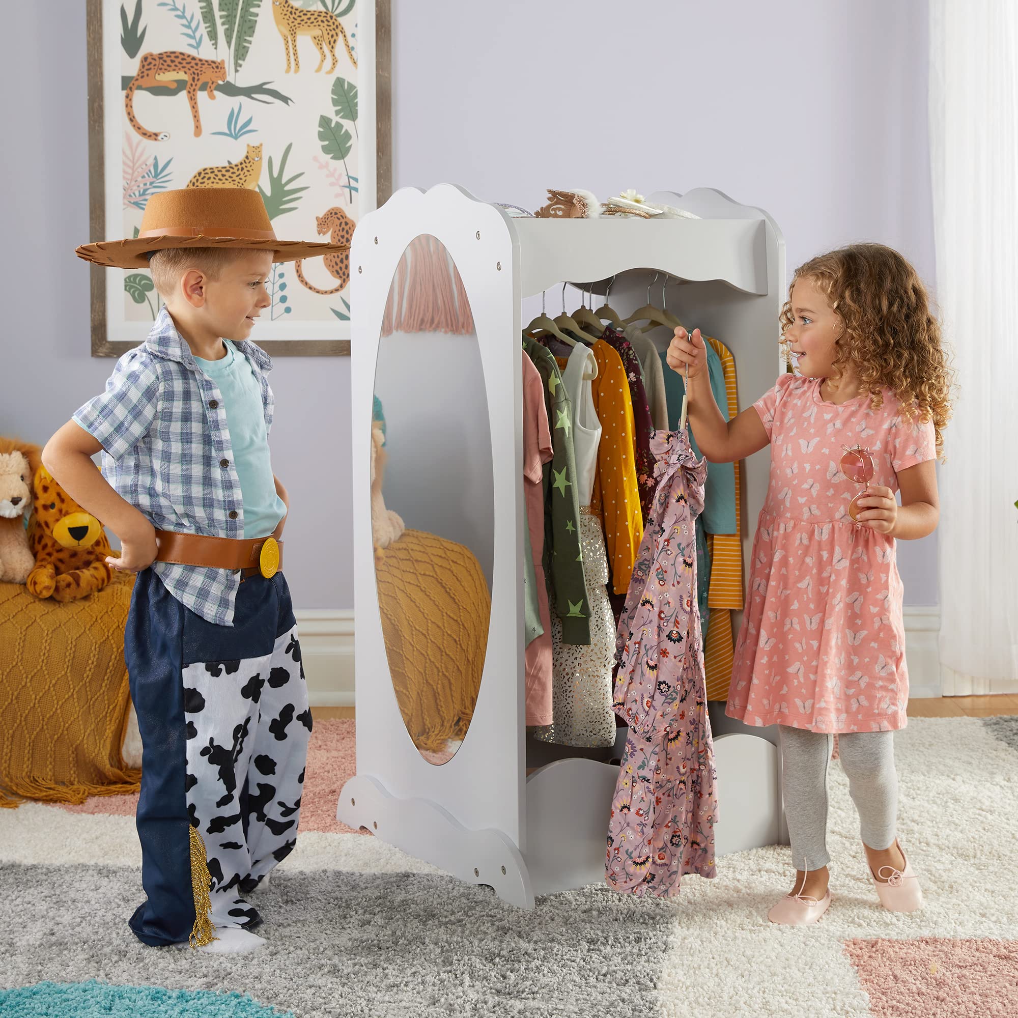 Guidecraft Dress Up Cubby Center - Gray Kids Armoire with Mirror & Storage | Toddler Preschool Playroom Furniture | Pretend Play Wardrobe for Dress-Up & Costume Organization | Bedroom, Daycare & Playroom Storage Solution