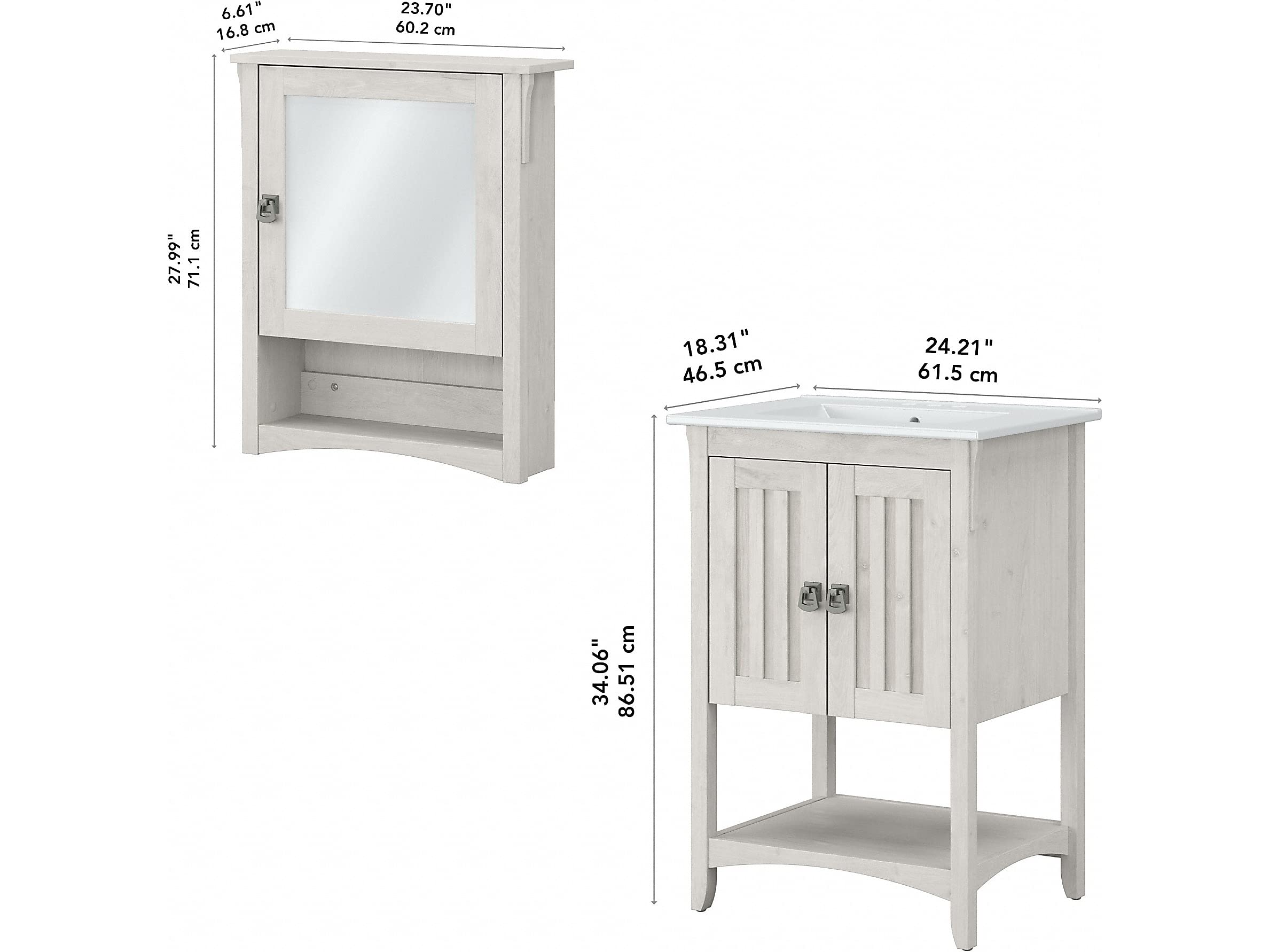 Bush Furniture Salinas 24-Inch Wide Bathroom Vanity with Sink, Medicine Cabinet & Mirror in Linen White Oak - Perfect for Small Bathrooms, Powder Rooms & Apartment Remodels