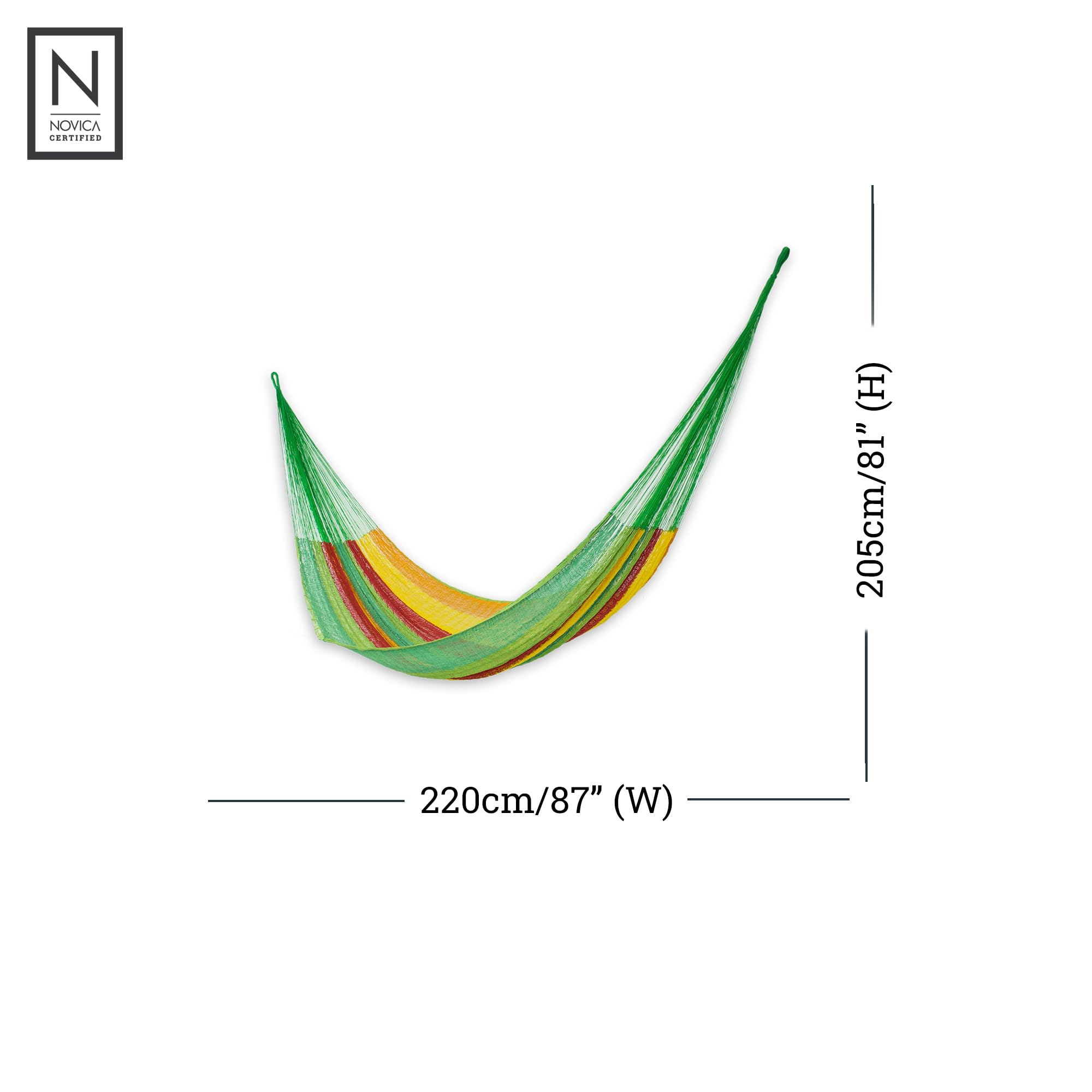 NOVICA Double XL Mayan Rope Hammock - Handwoven Cotton with Green, Yellow & Red Stripes - 2 Person Hammock for Outdoor Relaxation, Backyard Lounging & Beach Vacations