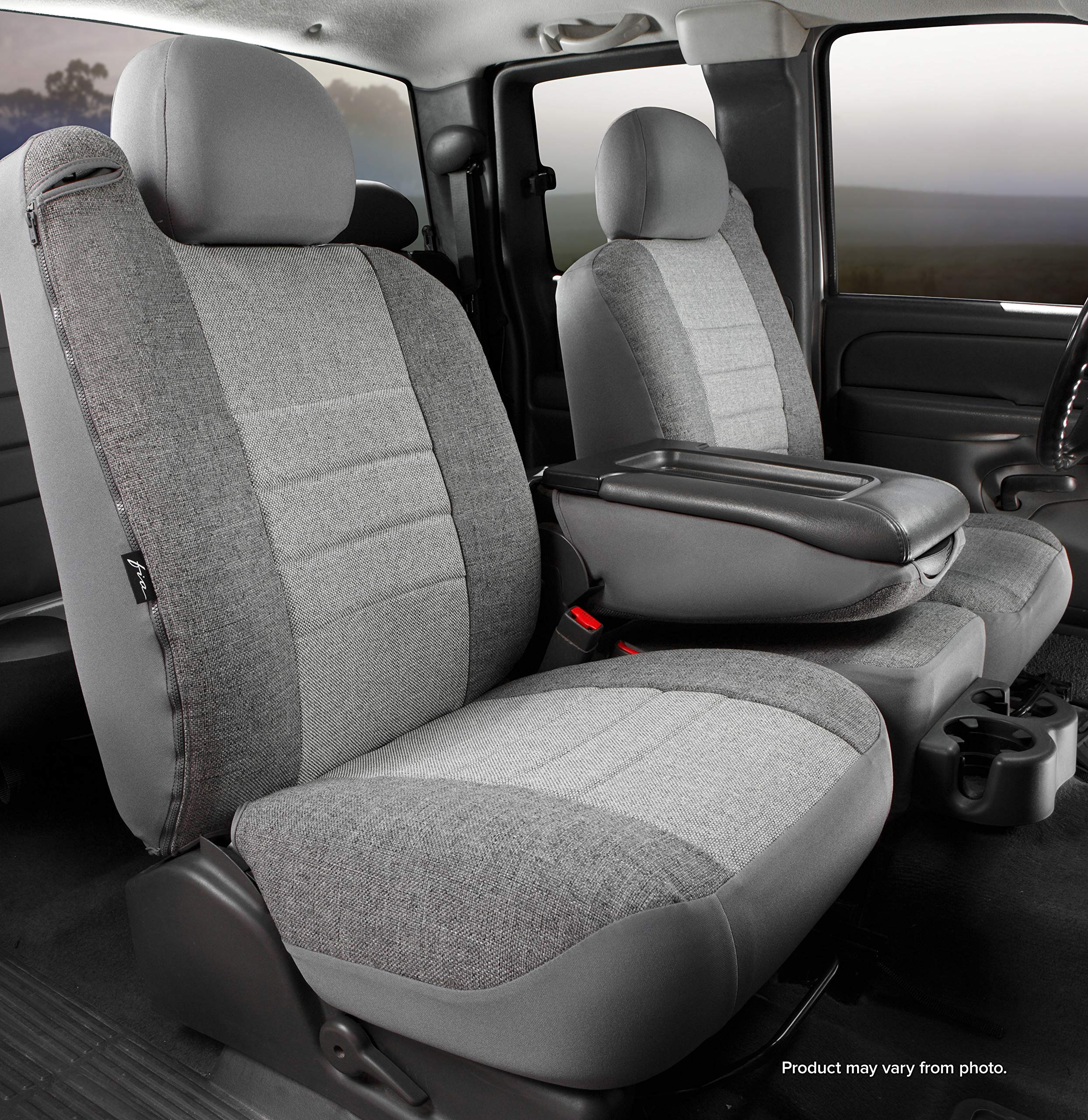 Fia OE38-9 Gray Custom Fit 40/20/40 Split Front Seat Covers - Premium Tweed Fabric for Trucks & SUVs | Durable Protection for Work Commute & Road Trips