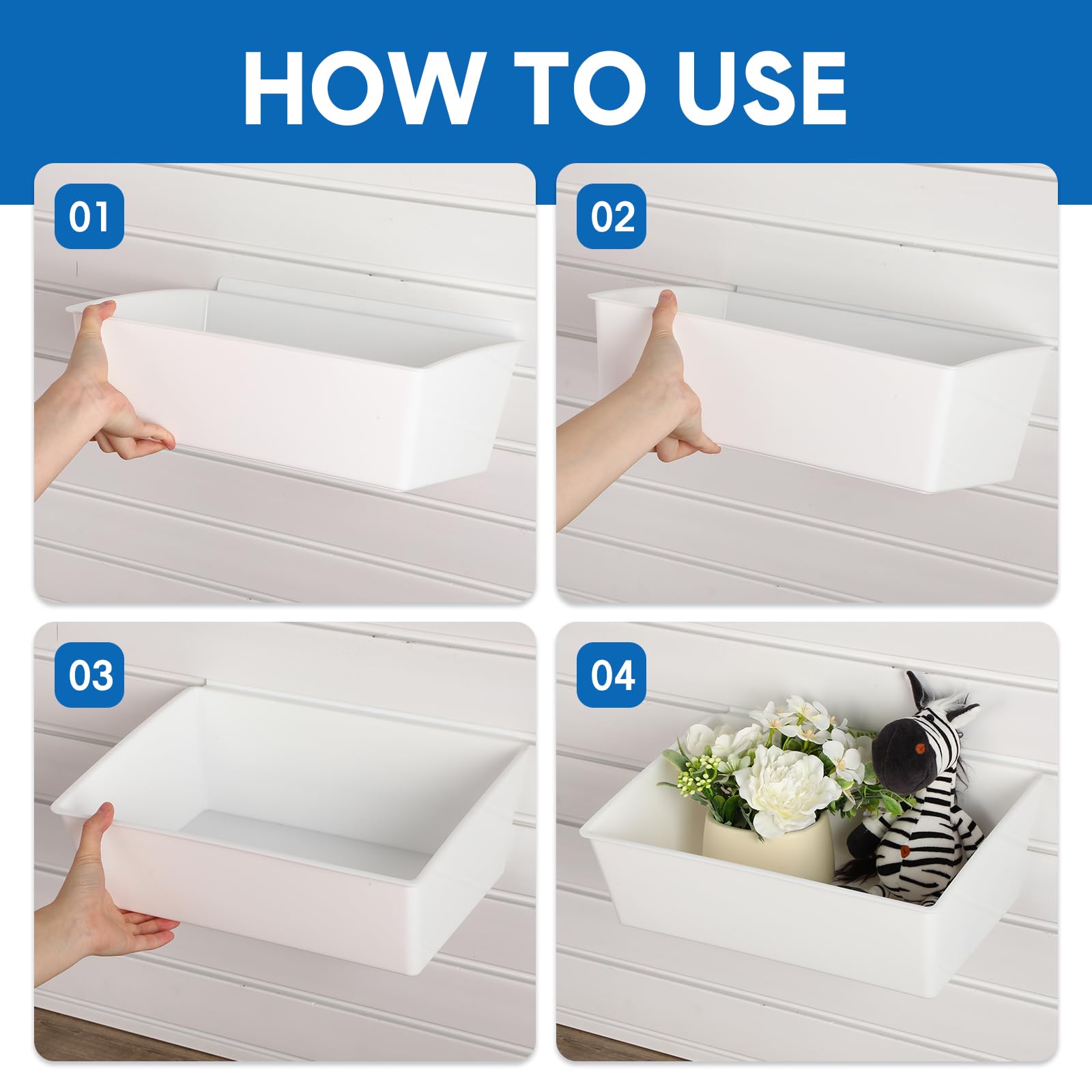 6 Pack Large Slat Wall Bins - PVC Slatwall Containers, Stackable Plastic Storage Bins & Baskets for Garage, Hardware & Tool Organization - 13 x 9.7 x 4.3 Inches (White) - Perfect for Workshop, Retail Display & Home Storage Solutions