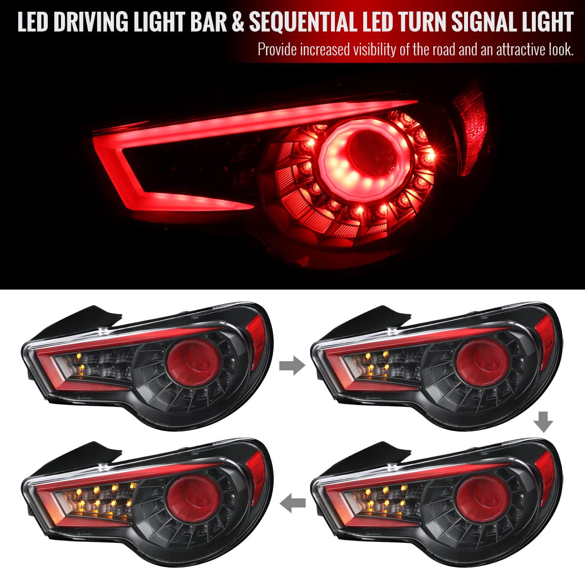 Sequential LED Tail Lights for 2013-2016 Scion FRS & Subaru BRZ - Red Neon Tube Brake Lamps with Turn Signals | Upgrade Your Car's Rear Lighting for Night Driving & Custom Styling