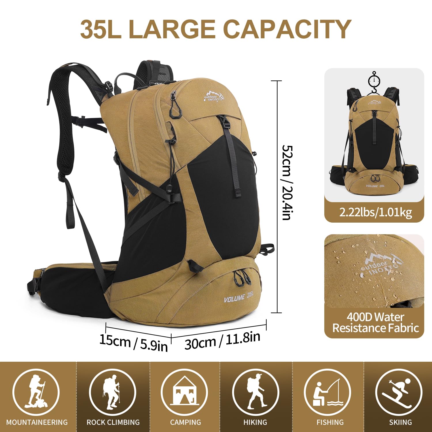 35L Waterproof Hiking Backpack with 3L Hydration Bladder & Rain Cover - Lightweight Daypack for Camping, Trekking & Outdoor Adventures - Perfect for Men & Women Travelers (Khaki)