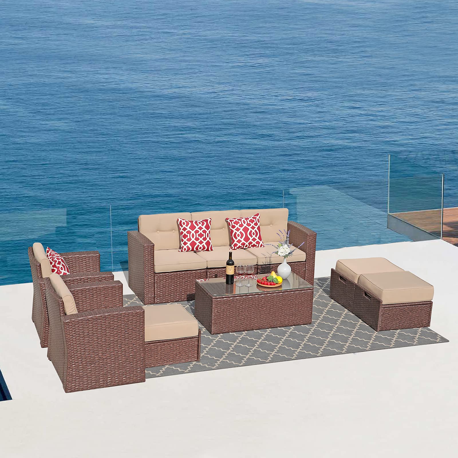 Super Patio 9-Piece All-Weather Outdoor Furniture Set - PE Wicker Sectional Sofa with Ottoman, Tempered Glass Coffee Table & Red Pillows (Espresso Brown) - Perfect for Backyard, Garden, Poolside or Patio Relaxation