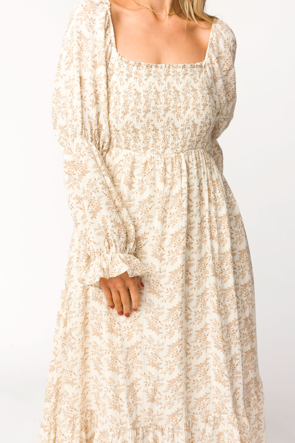 Emerson 100% Cotton Gauze Maxi Dress - Natural/Tan Floral Print, Bump Friendly Maternity Dress for Women | Boho Summer Beach Dress, Pregnancy Photoshoot, Casual Outfit