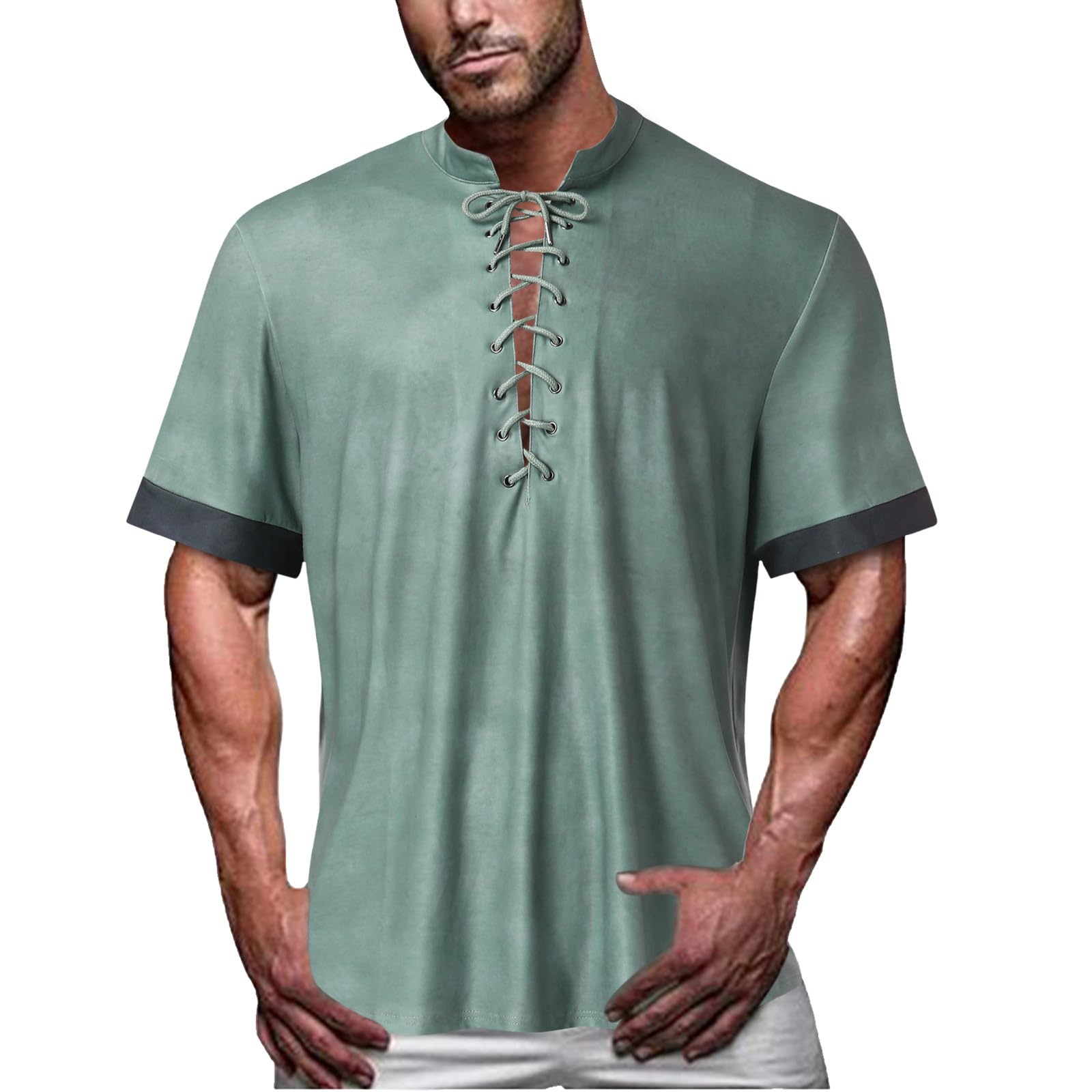 Vintage Men's Short Sleeve T-Shirt with Lace-Up Detail - Casual Cotton Tee for Everyday Wear, Street Style & Retro Outfits