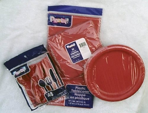 All Red Party Tableware Set - 16pc Red Plates, Napkins, Cutlery & Tablecloth for Birthday, Wedding, Christmas Decorations | Elegant Dinner Party Supplies