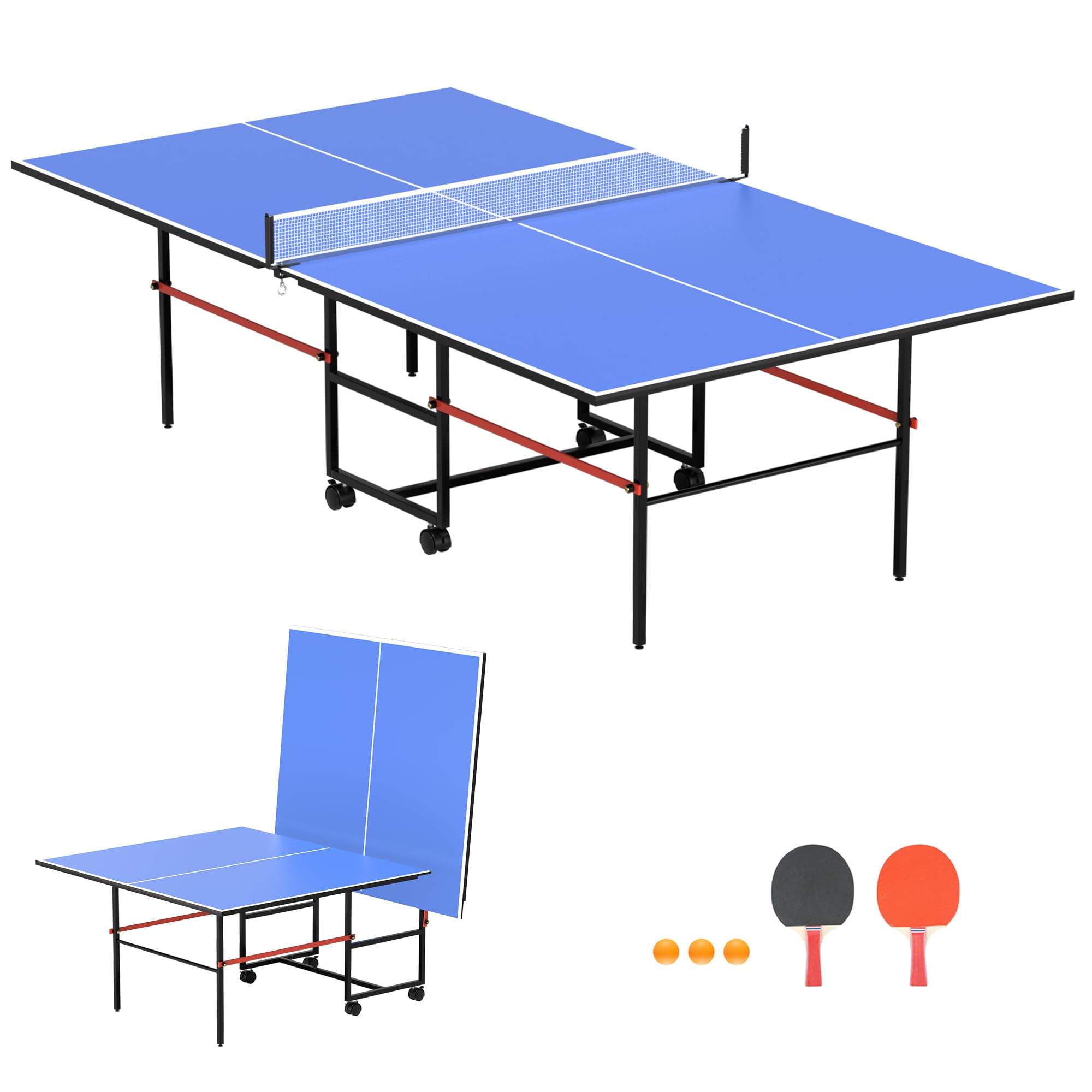 Premium Foldable 9FT Ping Pong Table for Indoor & Outdoor Use - Mid-Size Table Tennis Set with Net, 2 Paddles & 3 Balls - Quick Assembly - Perfect for Home, Office, or Backyard Games