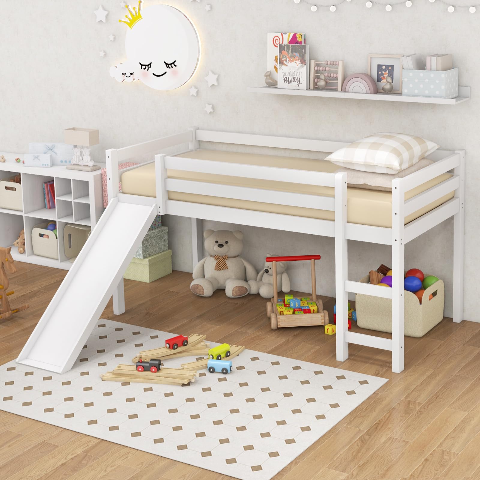 **Giantex Twin Loft Bed with Slide - Wooden Low Loft Bed for Kids & Toddlers - Twin Bed Frame with Climbing Ladder & Storage - No Box Spring Needed - White - Perfect for Small Bedrooms, Playrooms & Sleepovers**