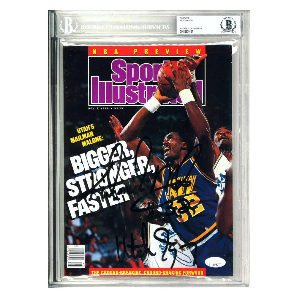 Karl Malone Autographed Sports Illustrated Magazine - Utah Jazz NBA Memorabilia with BAS Encapsulated Photo - Perfect for Basketball Fans, Collectors & Sports Memorabilia Displays