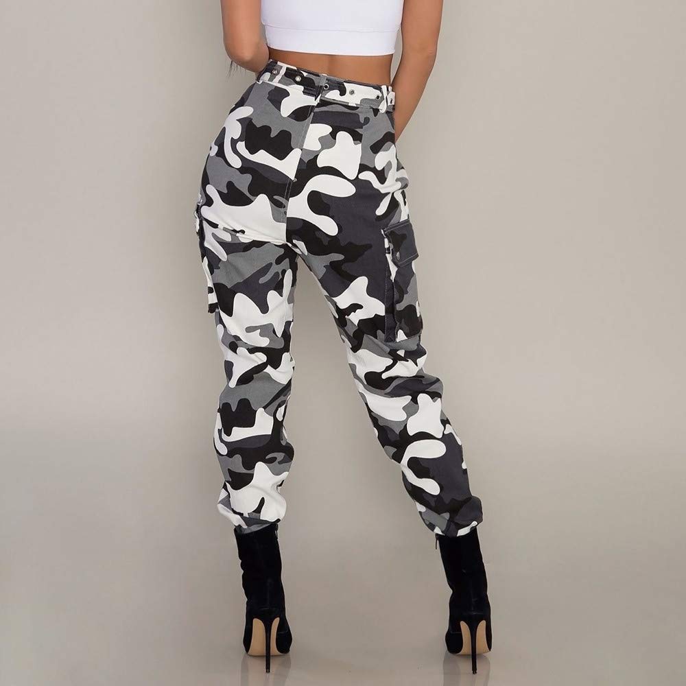 Women's Camo Cargo Pants - Military Combat Casual Trousers with Pockets (White, Size S) | Outdoor Hiking, Camping & Streetwear Fashion