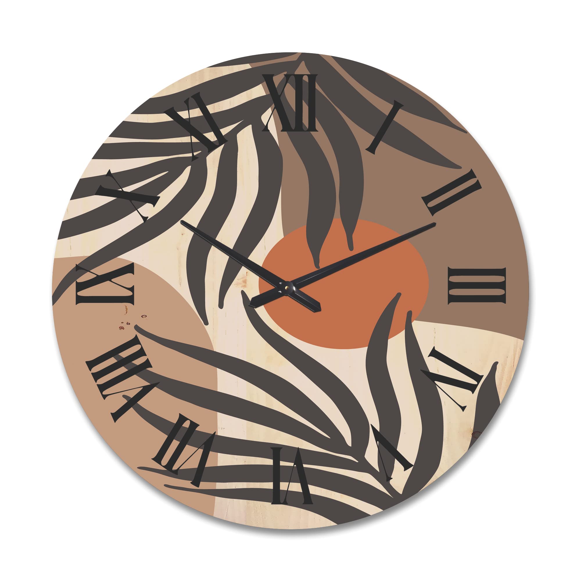 Modern Abstract Sun and Moon Wood Wall Clock - Large Retro Terracotta Fractal Design - Oversized Decorative Wooden Clock for Living Room, Bedroom & Office Décor
