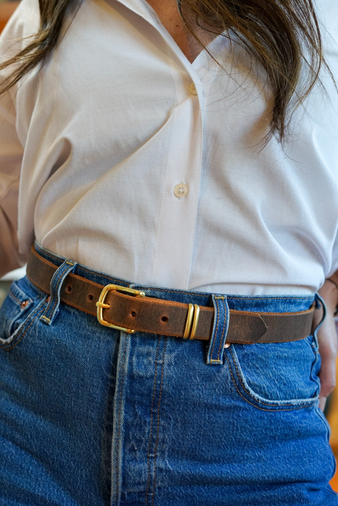 Women's Genuine Water Buffalo Leather Dress Belt - Buffalo Brown with Solid Brass Buckle - Perfect for Office, Business, and Formal Occasions