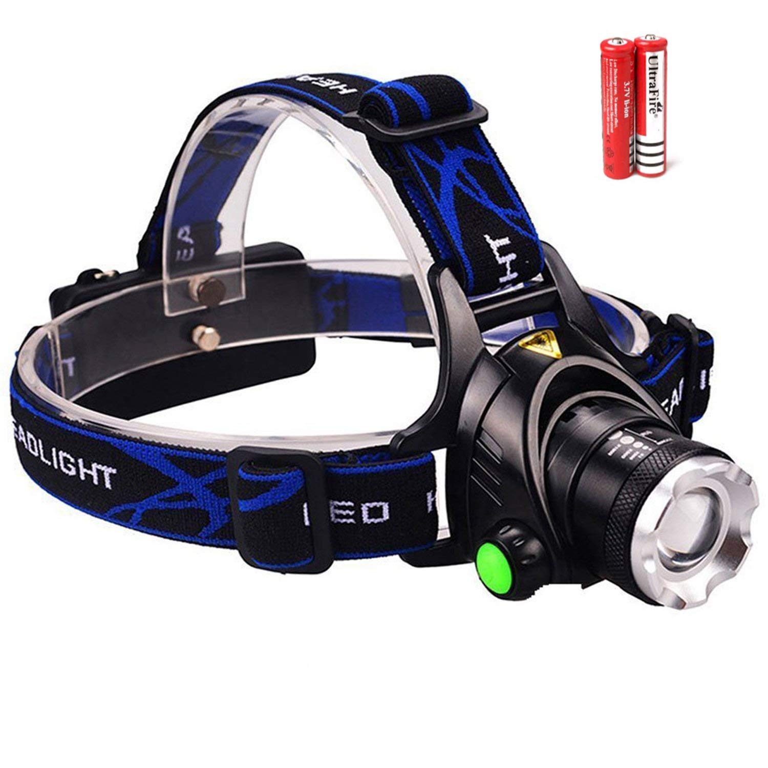Zoomable Rechargeable LED Headlamp - 2000 Lumen Waterproof Headlight Flashlight with Batteries - Best Tactical Headlamp for Camping, Hiking, Running & Outdoor Activities (Black)