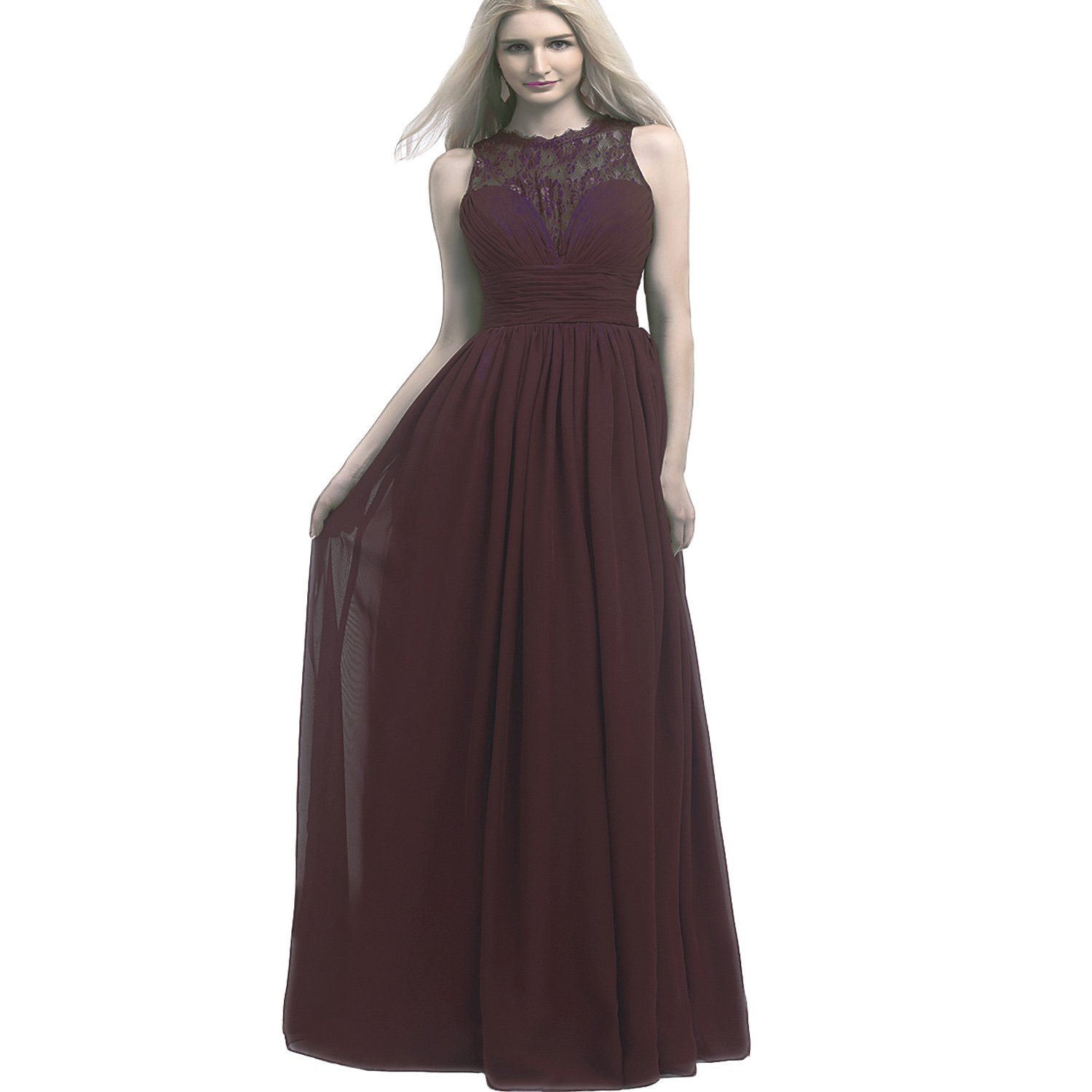Elegant Women's Long Chiffon Lace Sleeveless Evening Dress for Wedding, Bridesmaid, Prom & Formal Party - Perfect for Special Occasions & Red Carpet Events