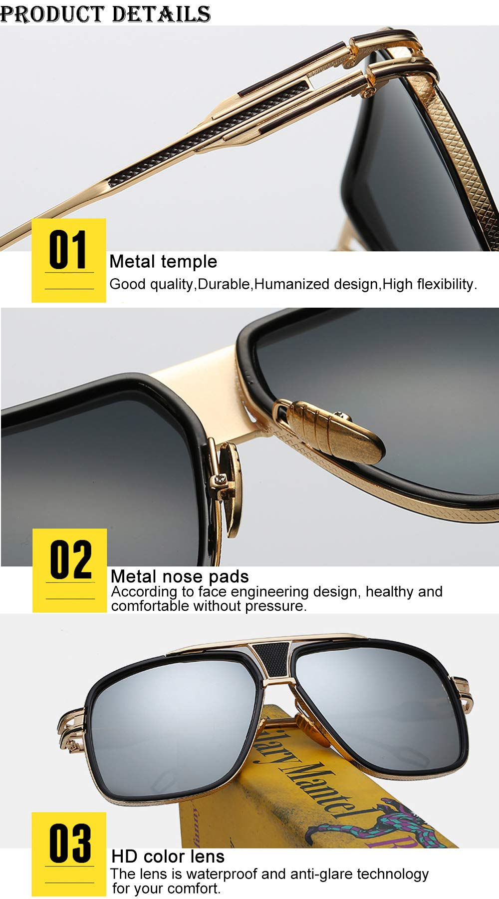 Dollger Oversized Classic Black Sunglasses for Men - Retro Gold Alloy Frame UV Protection Shades - Perfect for Driving, Beach & Outdoor Activities