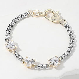 14K Gold Plated Two Tone Cubic Zirconia Heart Cluster Bracelet for Women - Elegant Jewelry Gift for Valentine's Day, Anniversary & Special Occasions