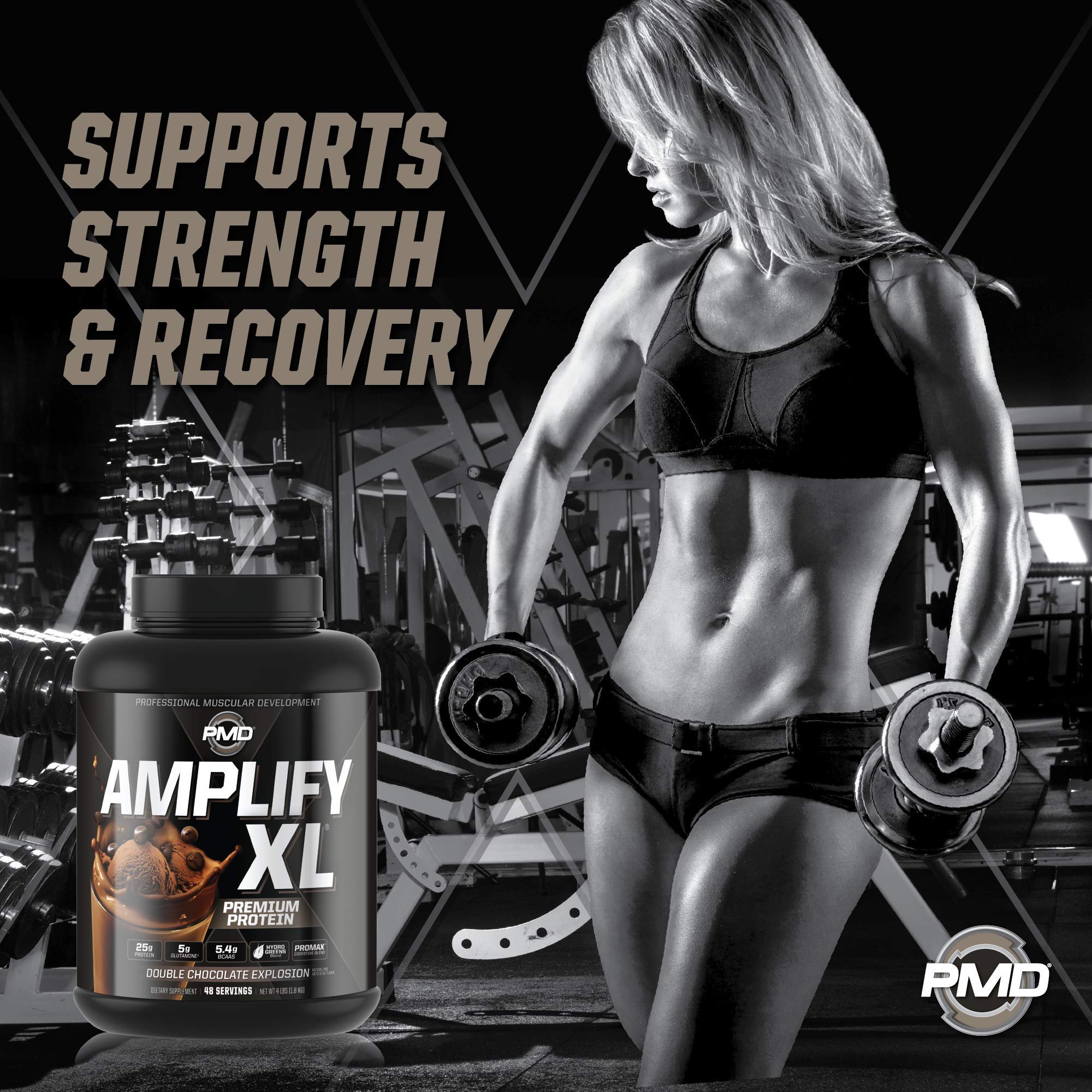 PMD Sports Amplify XL Premium Whey Protein Powder with Hydro Greens Blend - Glutamine & Whey Protein Matrix for Muscle Growth, Strength & Recovery - Superfood Enriched Double Chocolate Flavor (48 Servings) - Ideal for Post-Workout Shakes, Smoothies & Meal Replacement