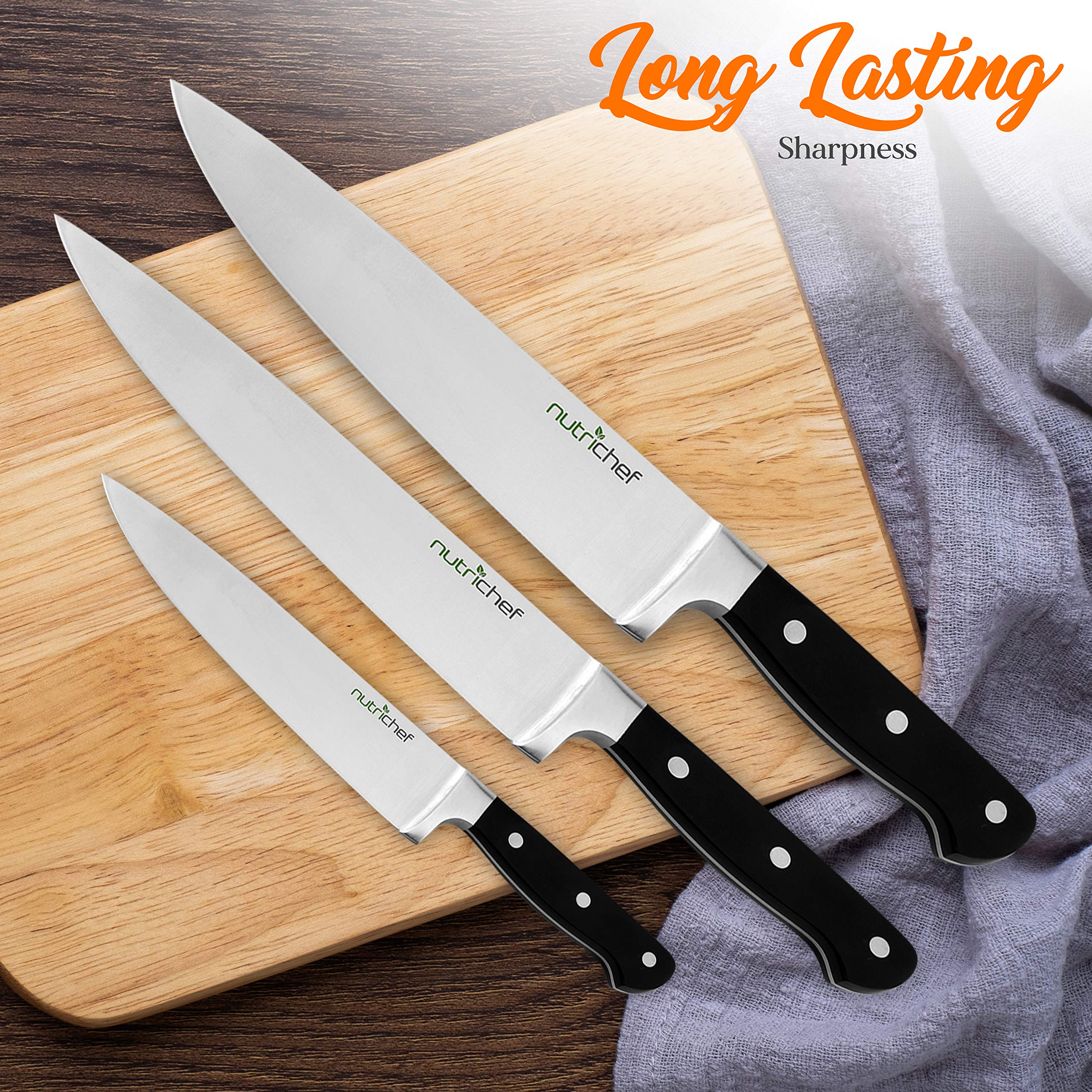 NutriChef 13-Piece Kitchen Knife Set with Wooden Block - Premium Stainless Steel Knives with Scissors & Built-In Sharpener - Ultra Sharp, Lightweight & Durable - Dishwasher Safe for Easy Cleaning - Perfect for Home Chefs, Cooking Enthusiasts & Professional Kitchens (NCKNS13)