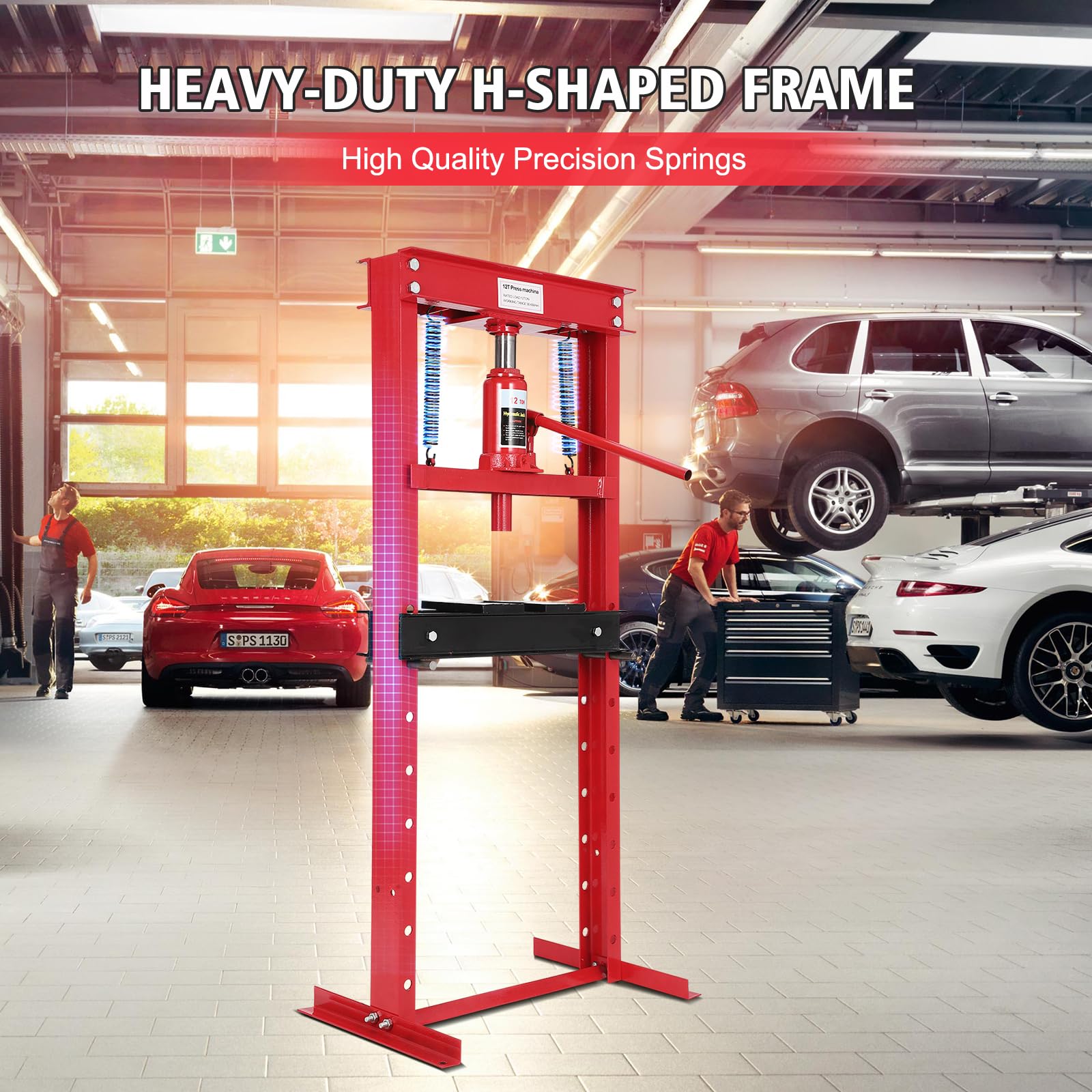 12 Ton Hydraulic Press with Press Plates - Benchtop H-Frame Garage Floor Press with Adjustable Height - Heavy Duty Metalworking, Bearing Removal & Auto Repair Tool for Workshop & DIY Projects
