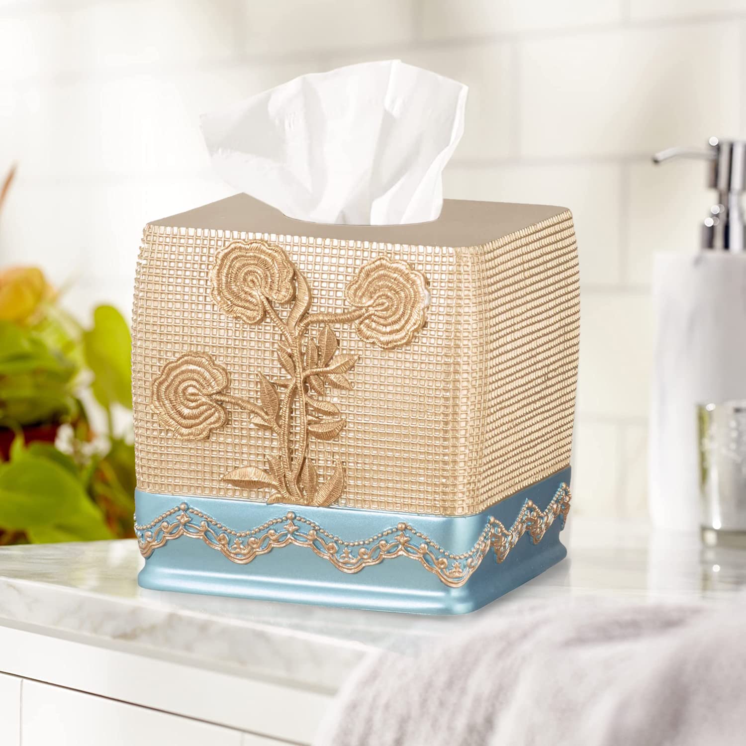 Trendy Ombre Rose Design Tissue Box Cover - Elegant Blue Bathroom Decor for Home & Office | Perfect for Vanity, Shelf, or Countertop Display