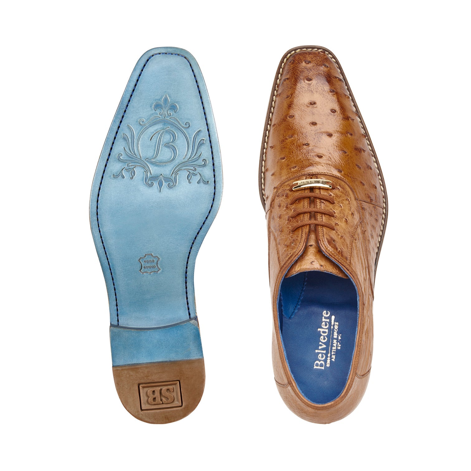 Belvedere Orlando Genuine Ostrich Quill Dress Shoes for Men - Antique Peanut Brown D01 - Premium Business & Formal Occasion Footwear