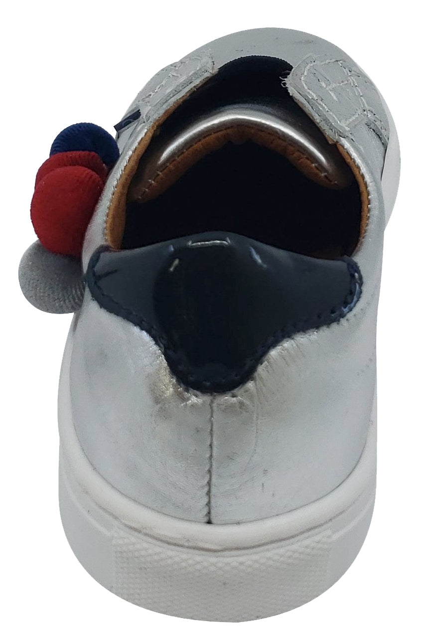 Atlanta Moccasin Girls' Leather Pom Pom Slip-On Shoes - Silver | Comfortable Casual Loafers for School, Playdates & Everyday Wear